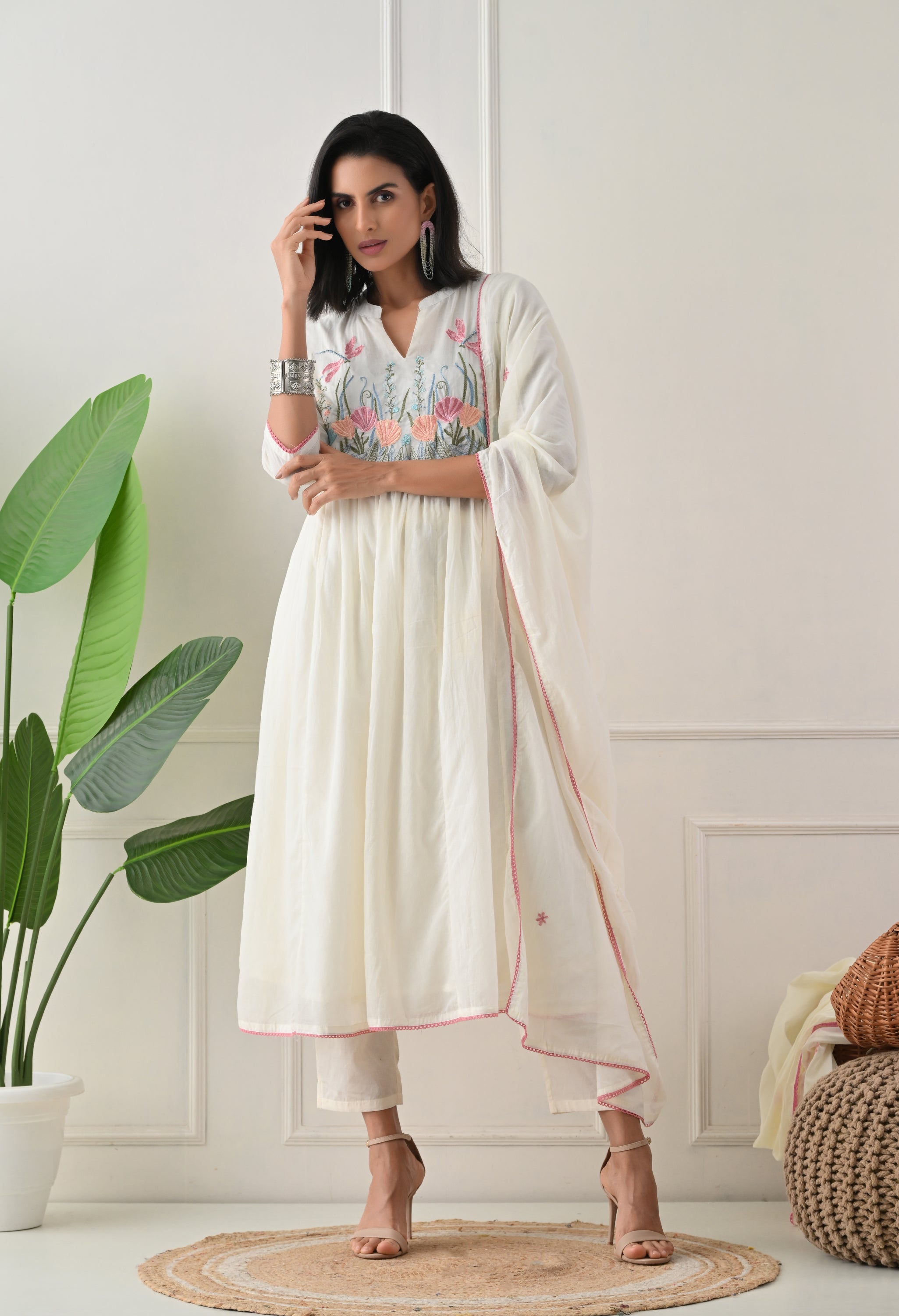 Cream Mul Cotton Embroidered A-Line suit- Set of 3