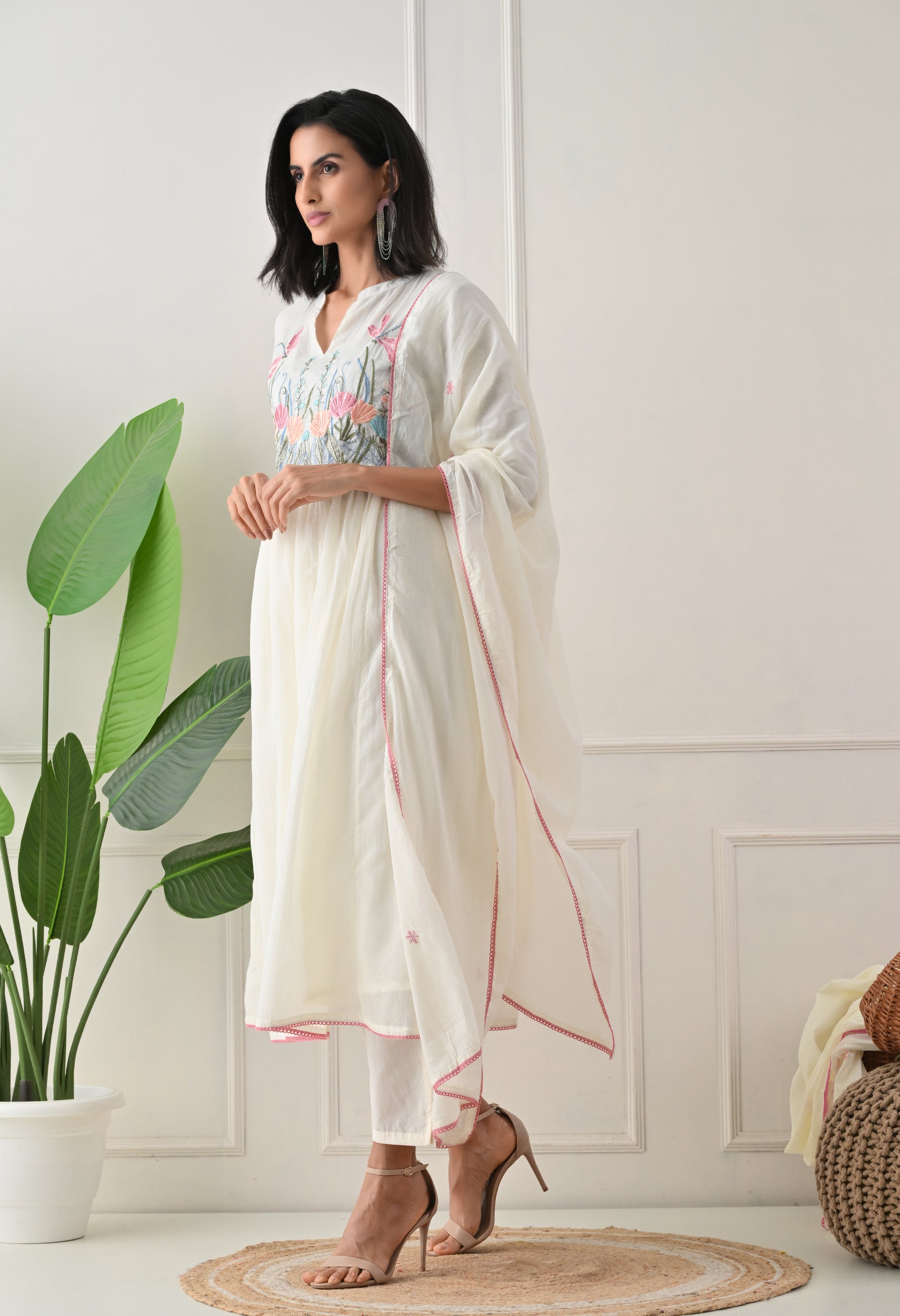 Cream Mul Cotton Embroidered A-Line suit- Set of 3