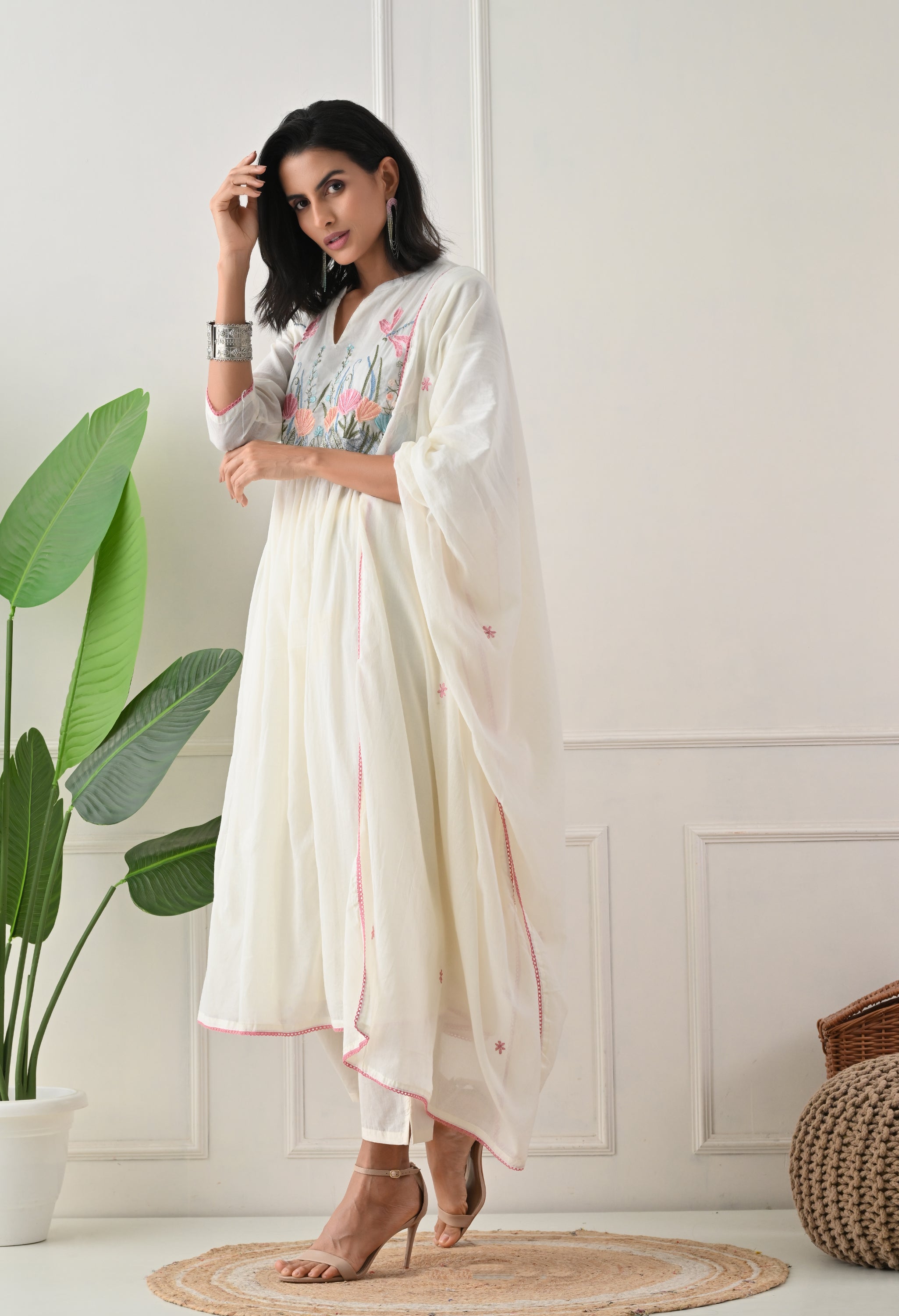 Cream Mul Cotton Embroidered A-Line suit- Set of 3