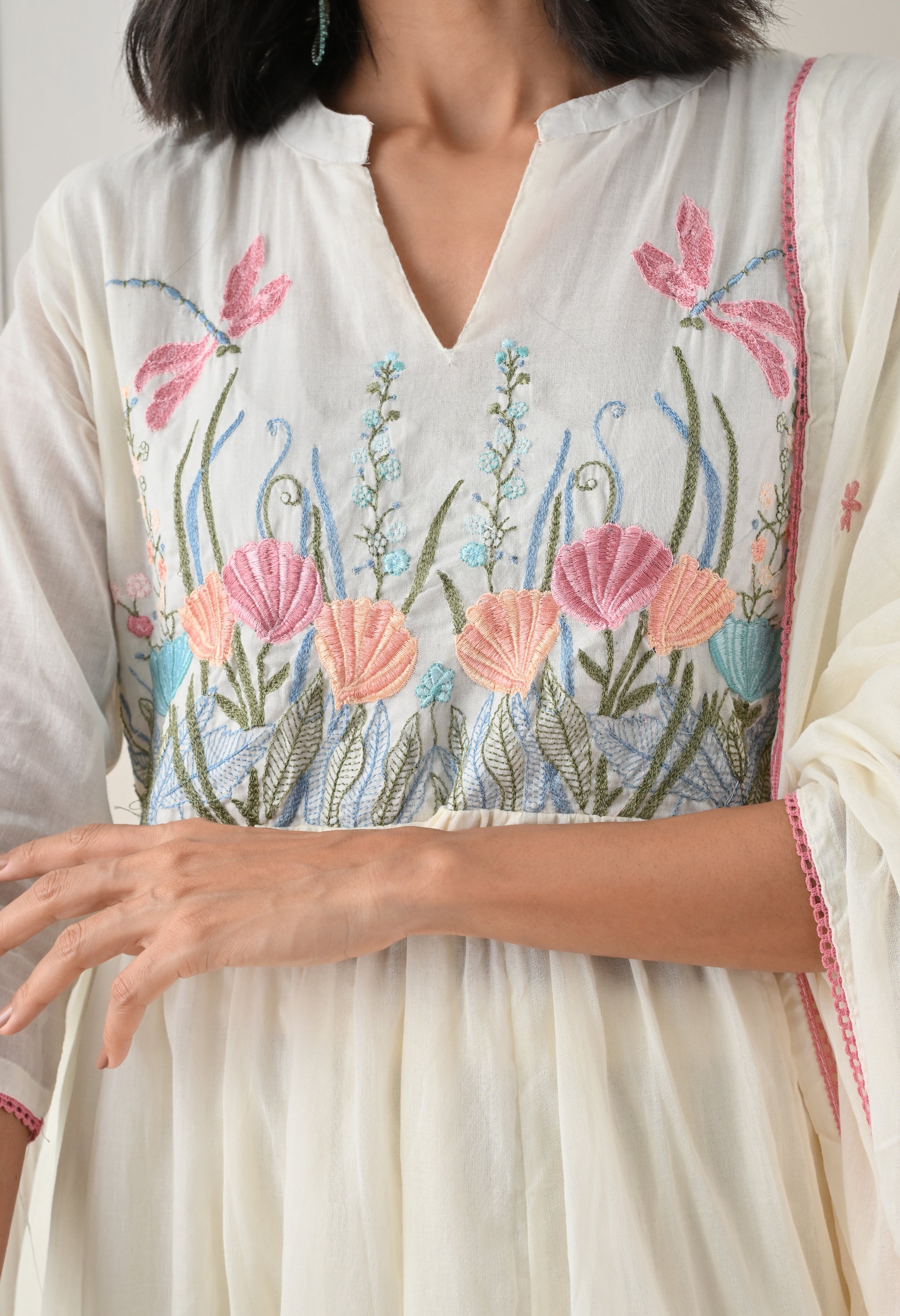Cream Mul Cotton Embroidered A-Line suit- Set of 3
