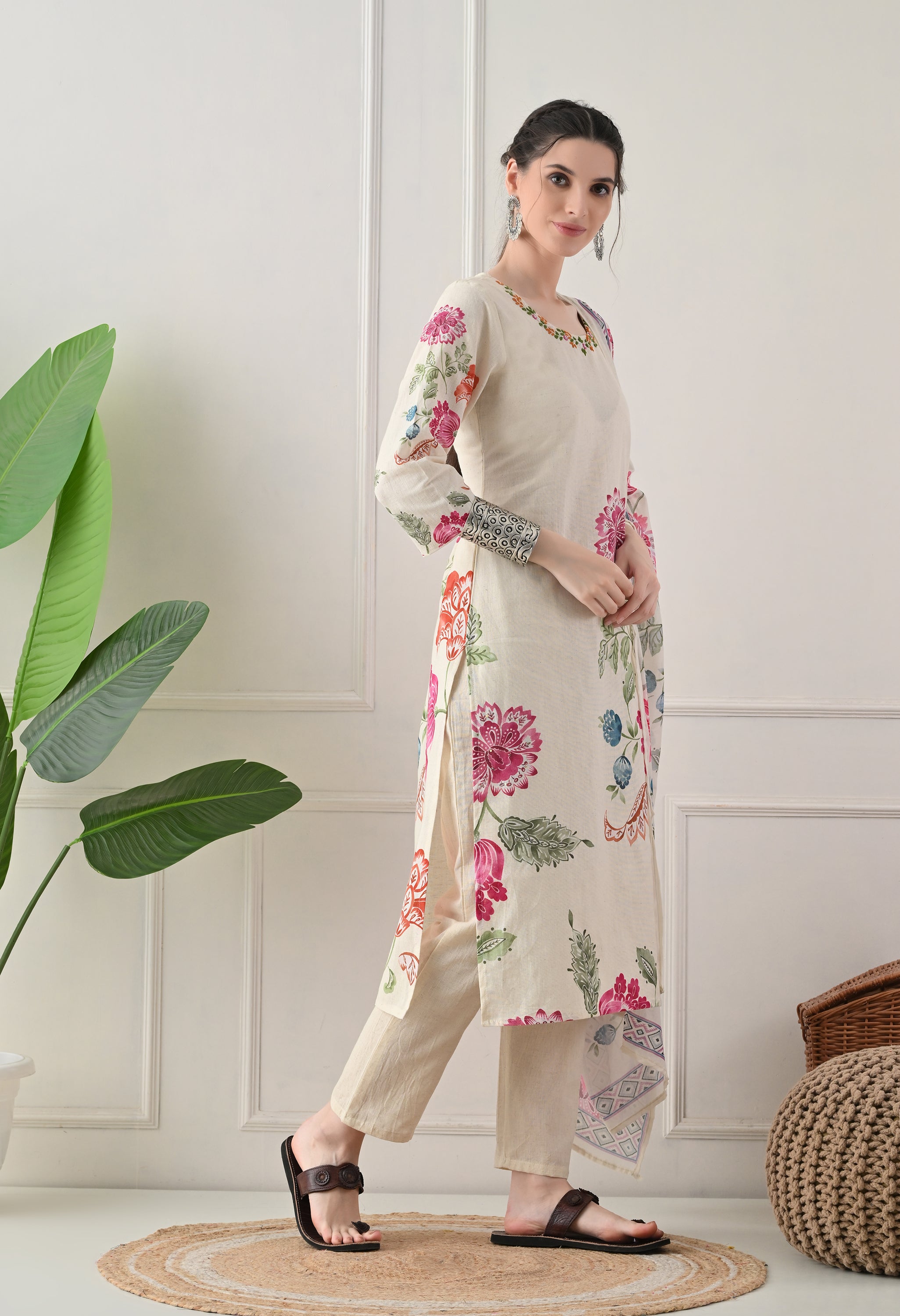Cream Floral Digital Print Embroidered Cotton Suit- Set of 3