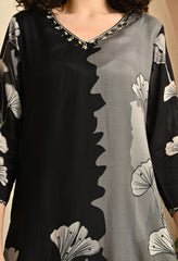 Grey and Black Printed Hand Embroidered Muslin Suit - Set of 3