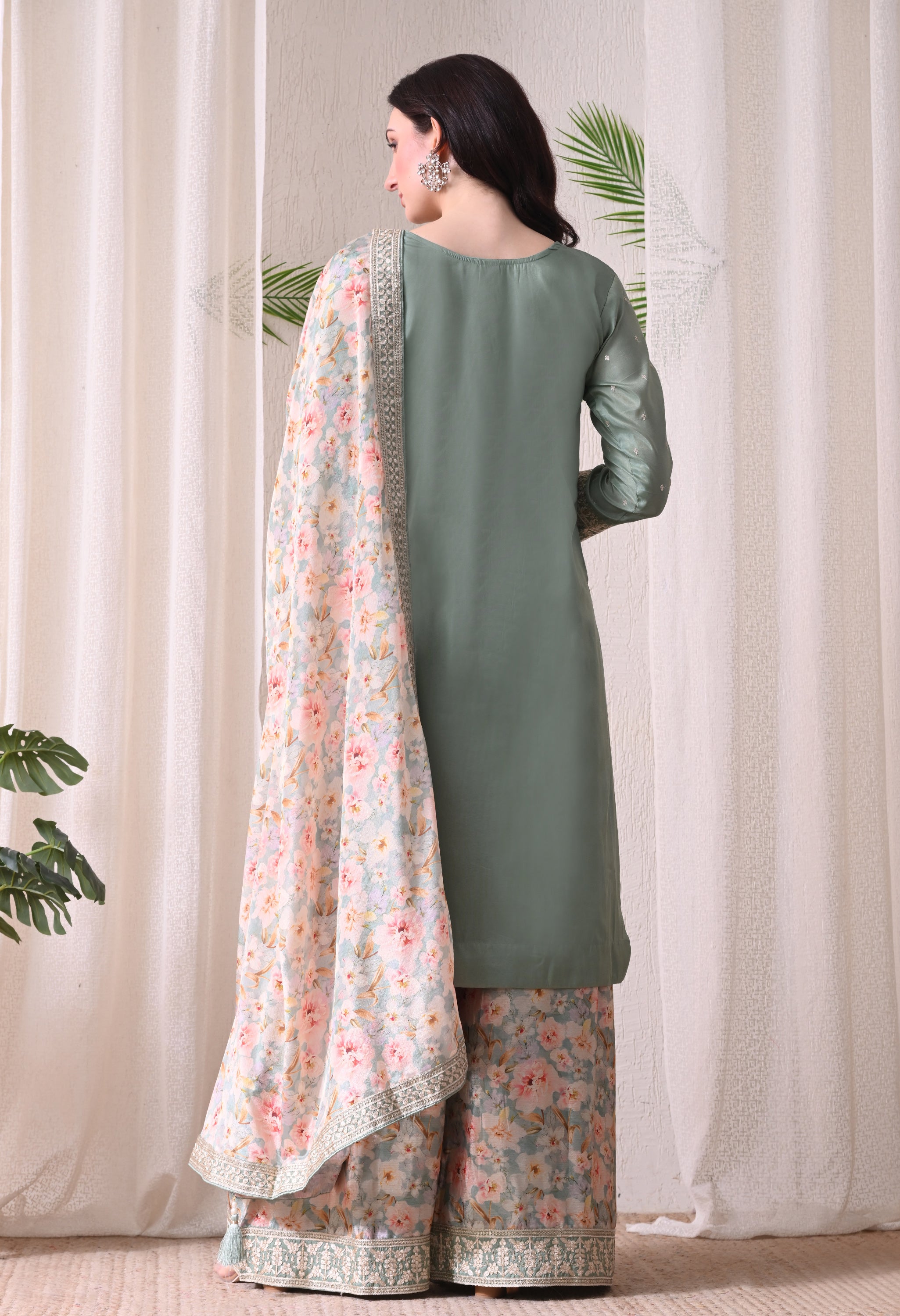 Sea Green Chinon Zari Work Floral Sharara Suit- Set of 3
