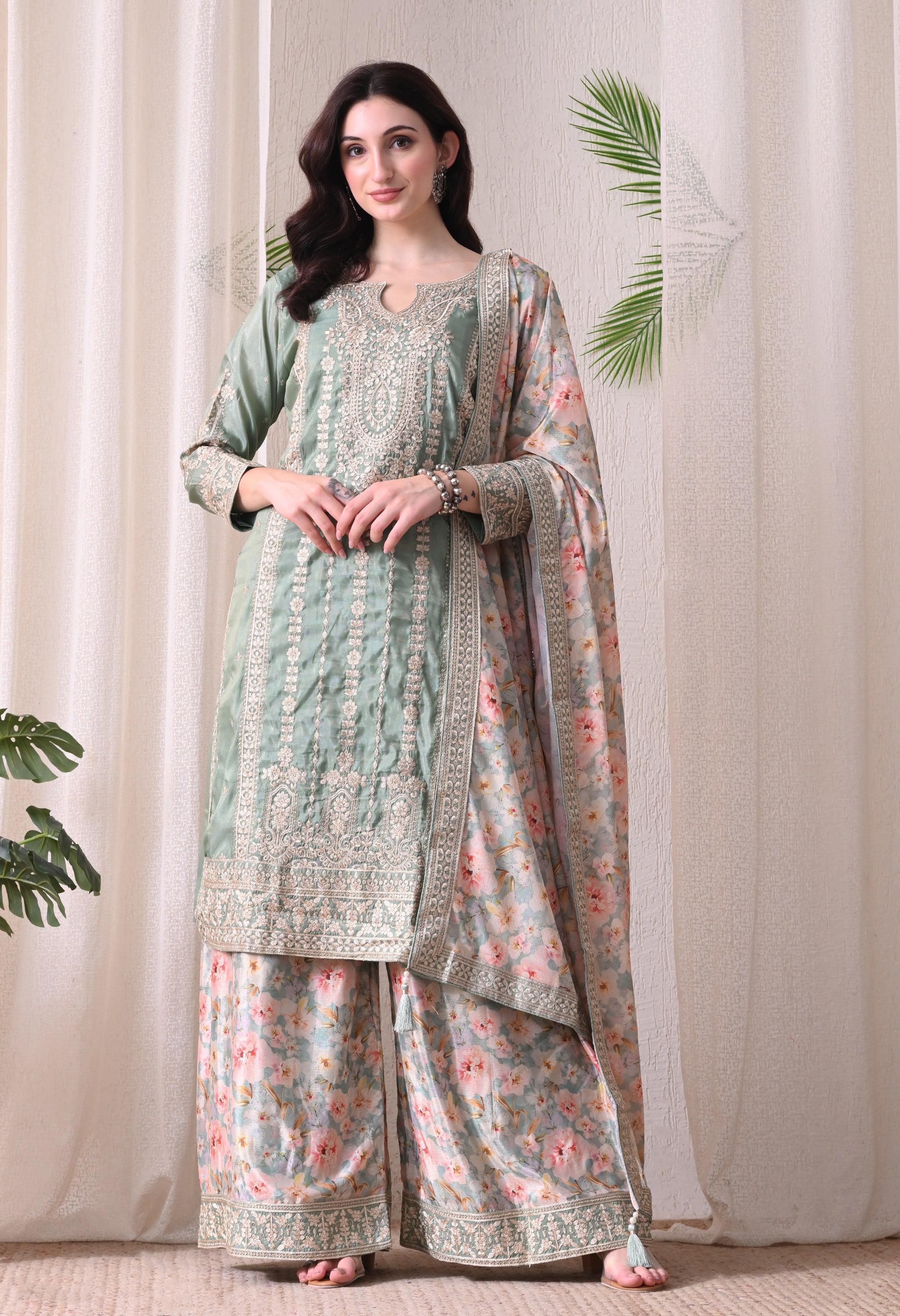 Sea Green Chinon Zari Work Floral Sharara Suit- Set of 3