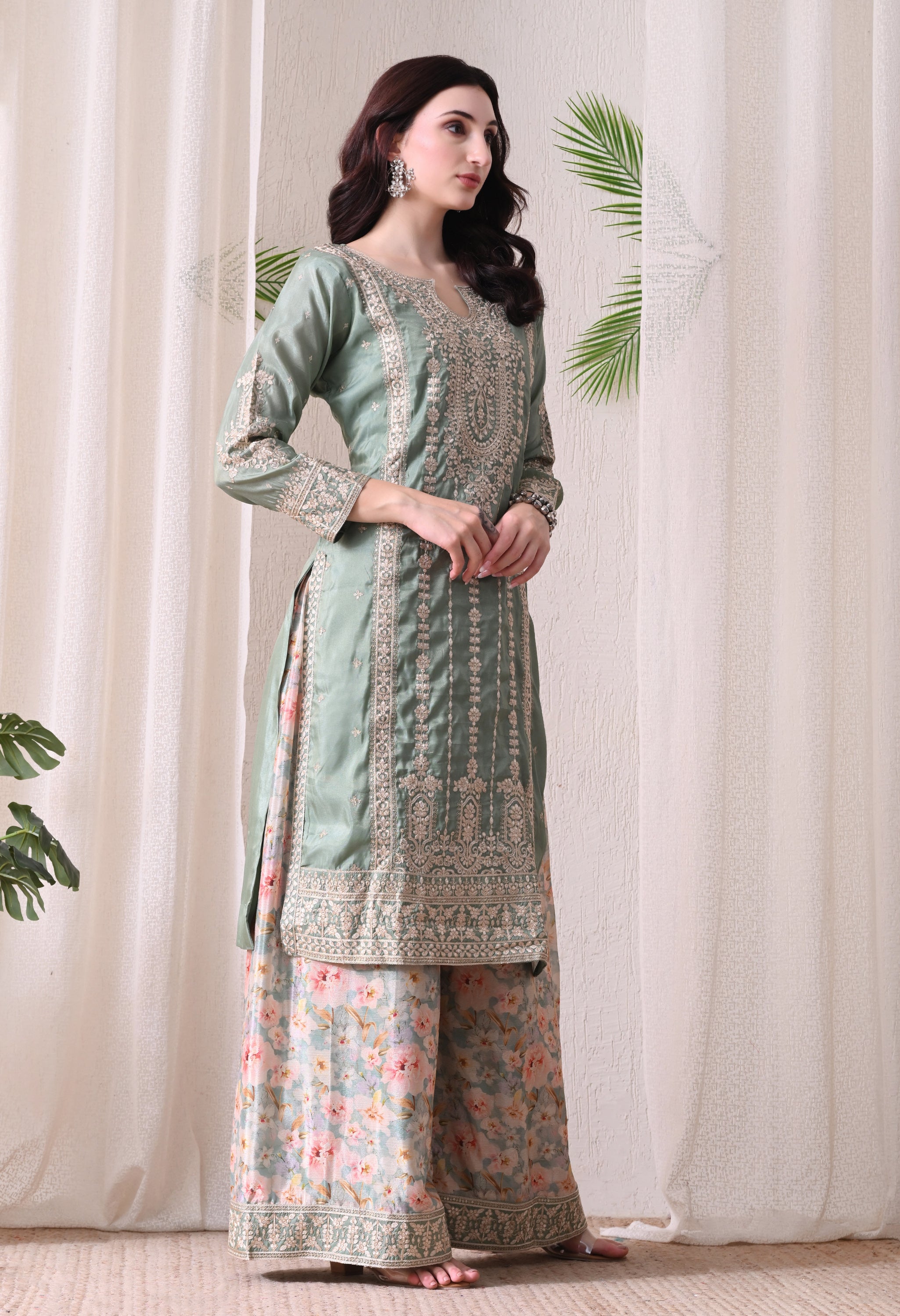 Sea Green Chinon Zari Work Floral Sharara Suit- Set of 3
