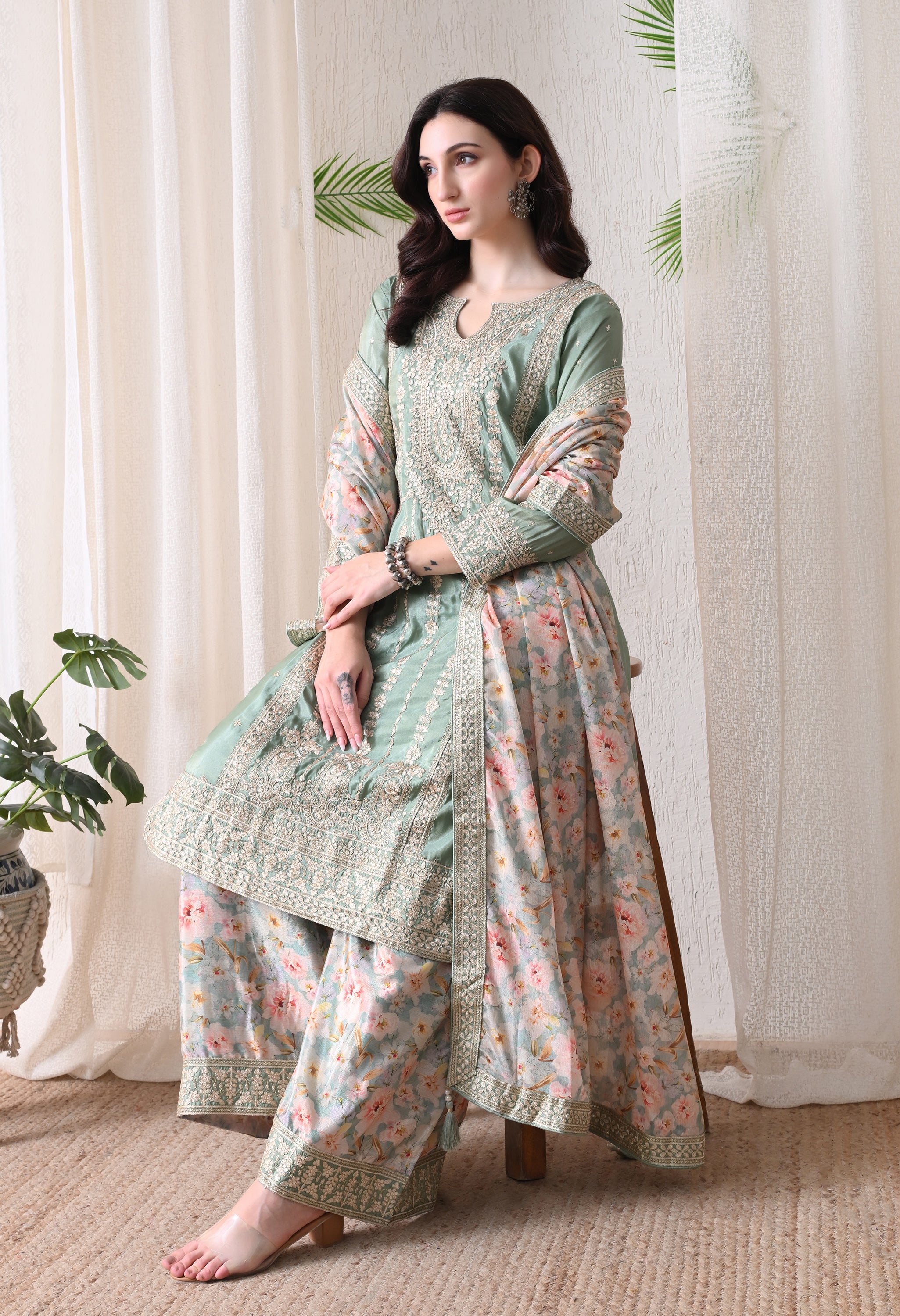 Sea Green Chinon Zari Work Floral Sharara Suit- Set of 3