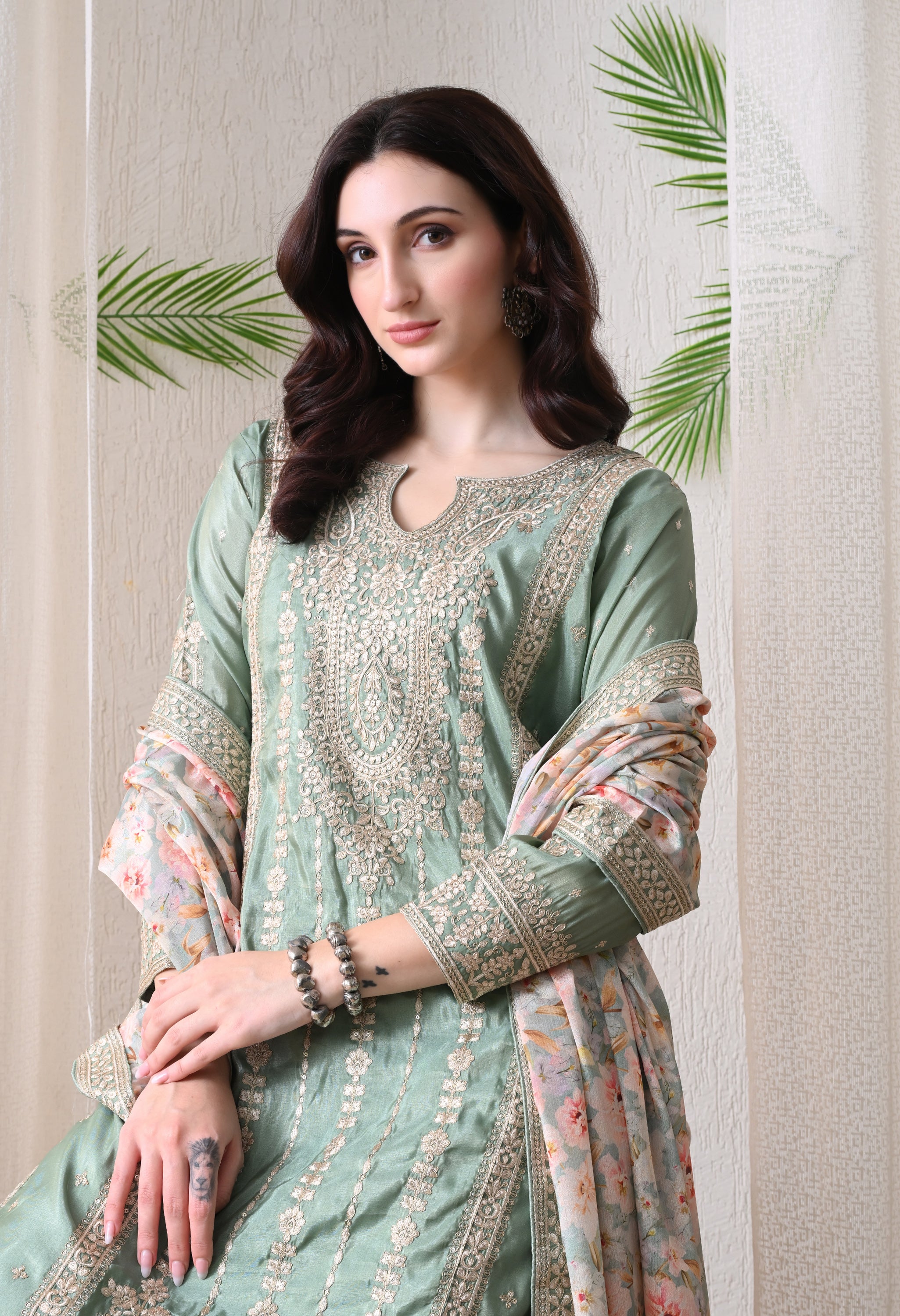 Sea Green Chinon Zari Work Floral Sharara Suit- Set of 3