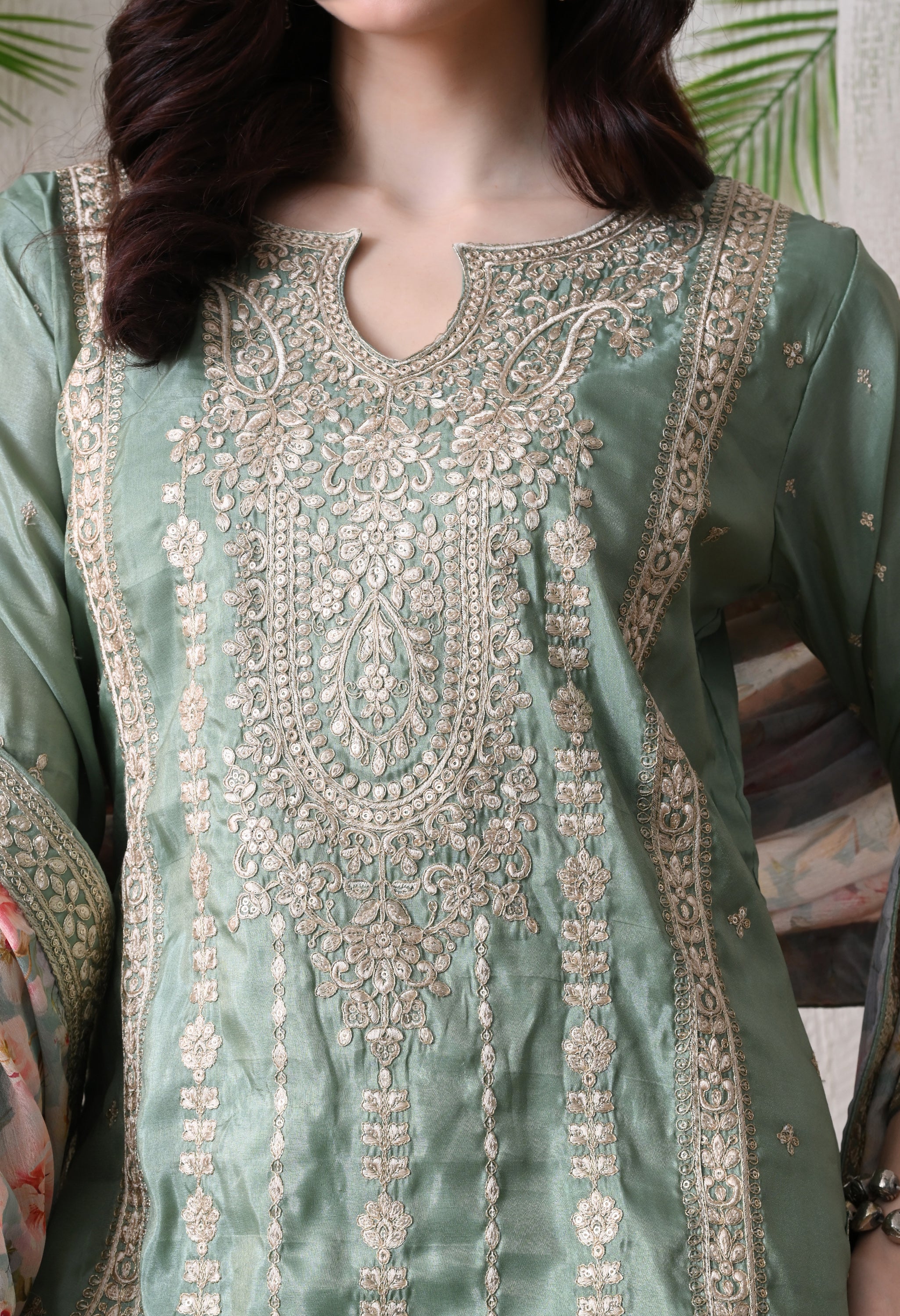 Sea Green Chinon Zari Work Floral Sharara Suit- Set of 3