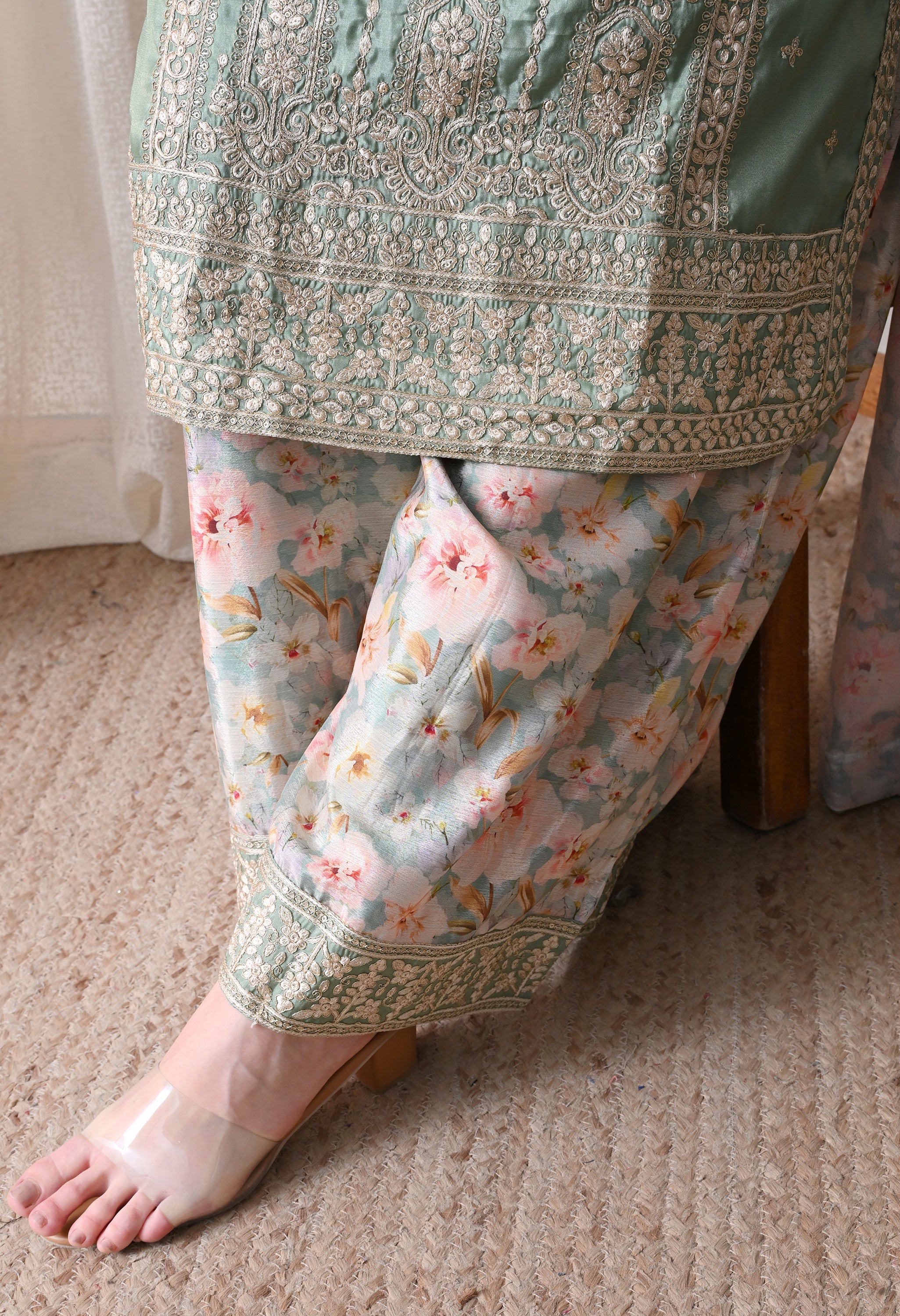 Sea Green Chinon Zari Work Floral Sharara Suit- Set of 3