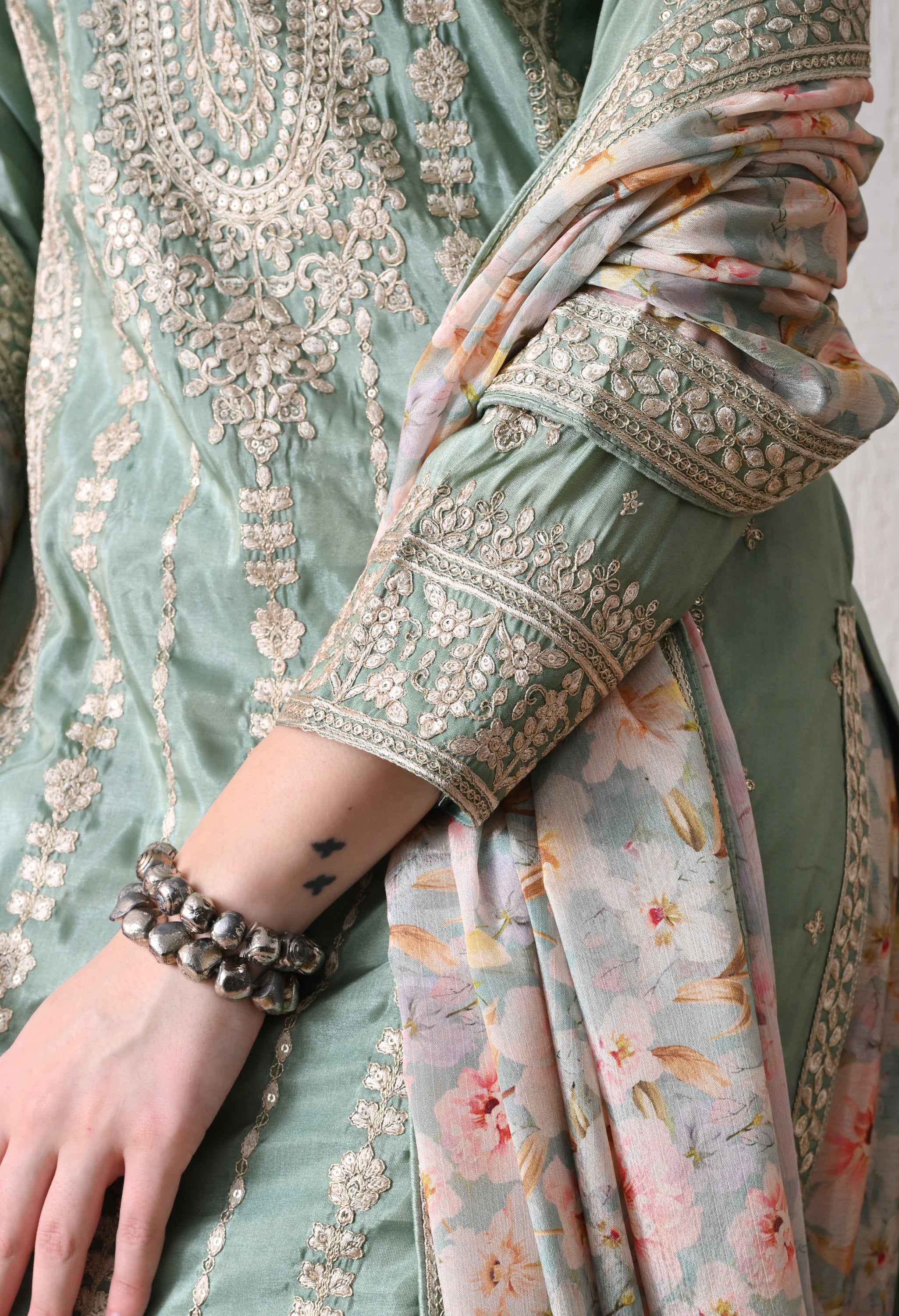 Sea Green Chinon Zari Work Floral Sharara Suit- Set of 3