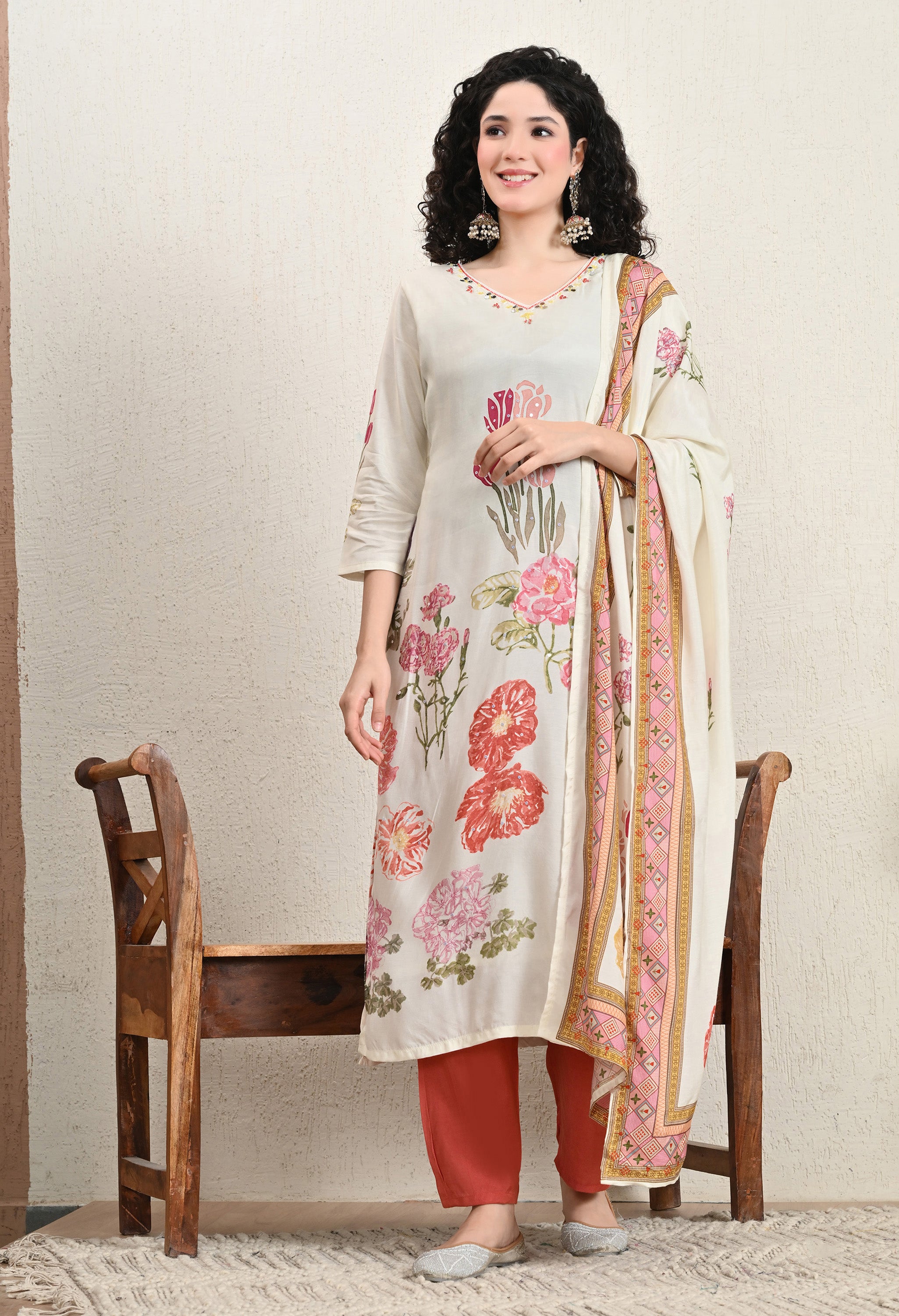 Cream Floral Mirror Work Muslin Suit - Set of 3