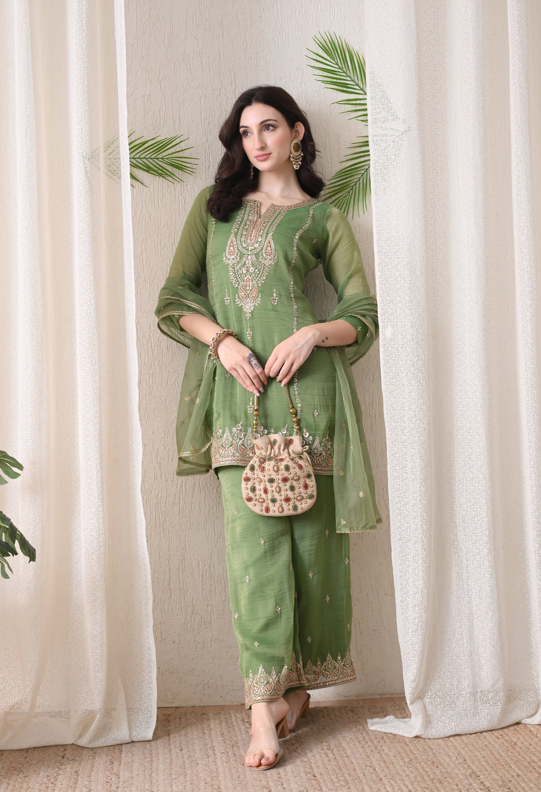 Green Crush Shimmer Tissue Zari Embroidered Suit- Set of 3