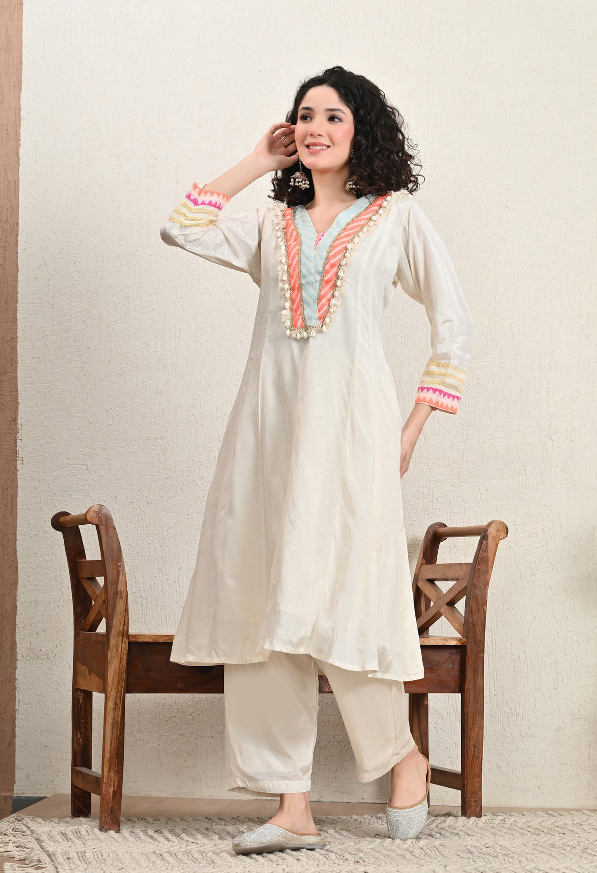Neon Off-White Lenzing Silk A-Line Tunic with Pants - Set of 2