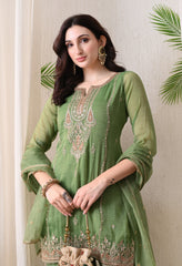 Green Crush Shimmer Tissue Zari Embroidered Suit- Set of 3