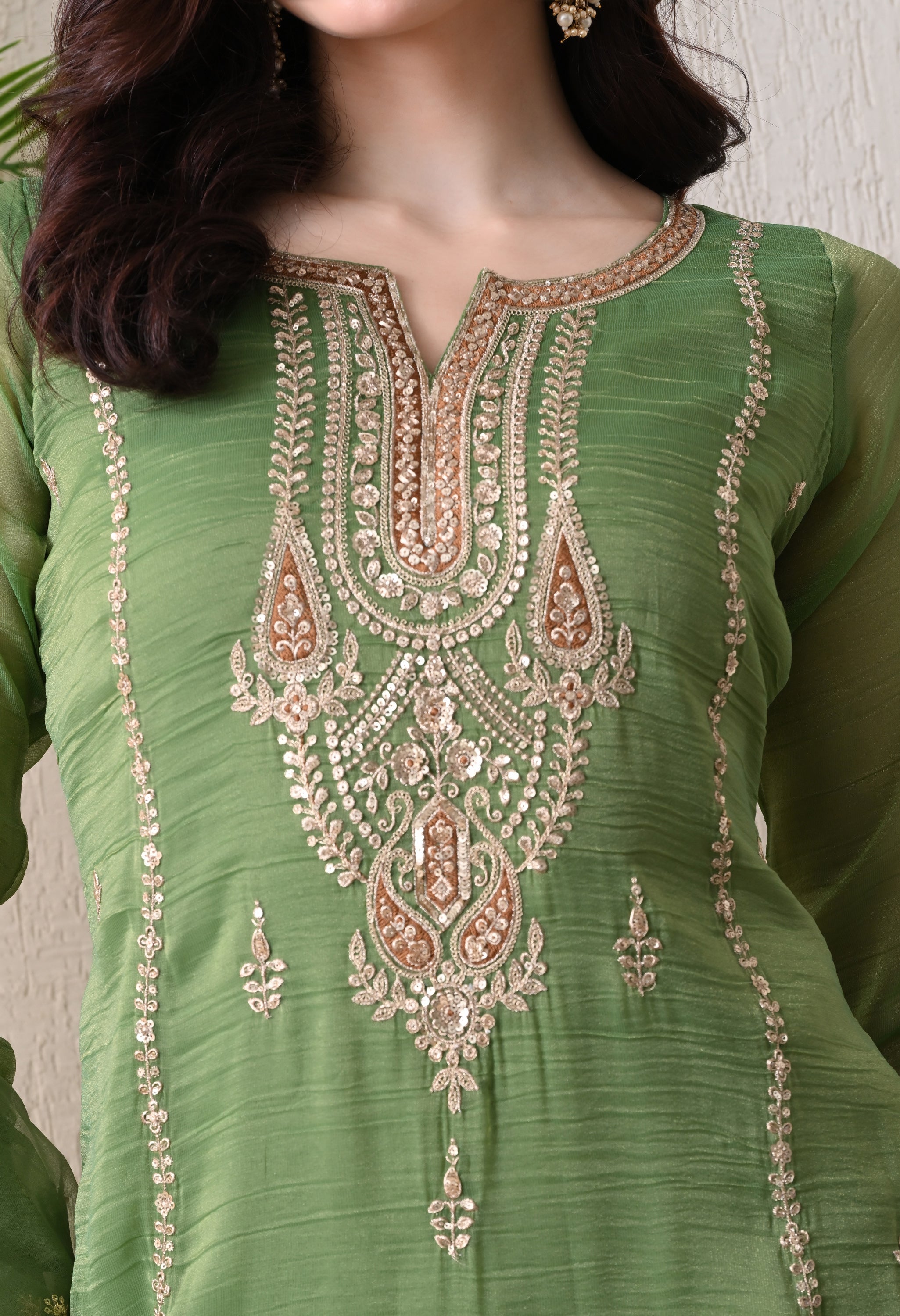 Green Crush Shimmer Tissue Zari Embroidered Suit- Set of 3