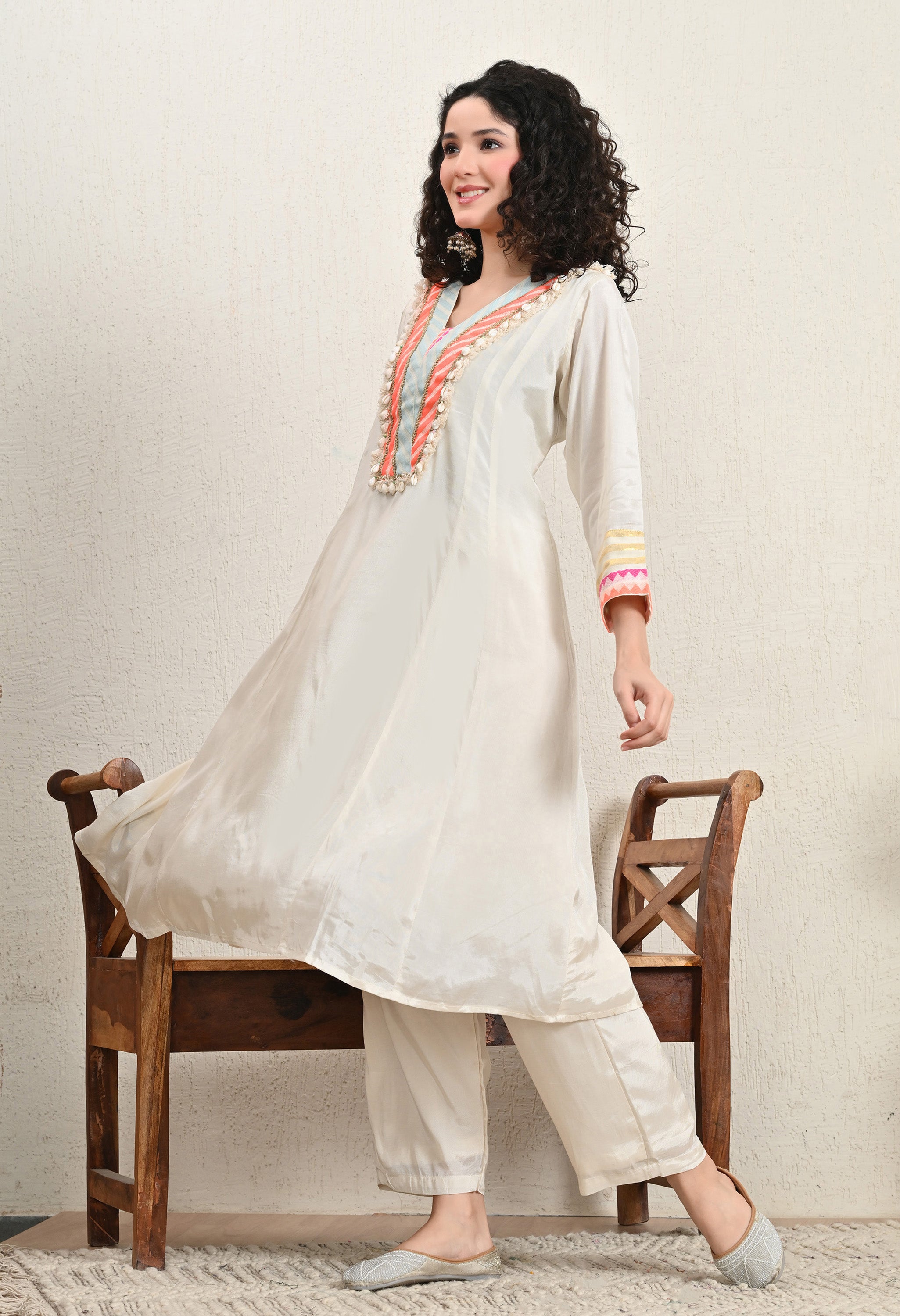 Neon Off-White Lenzing Silk A-Line Tunic with Pants - Set of 2