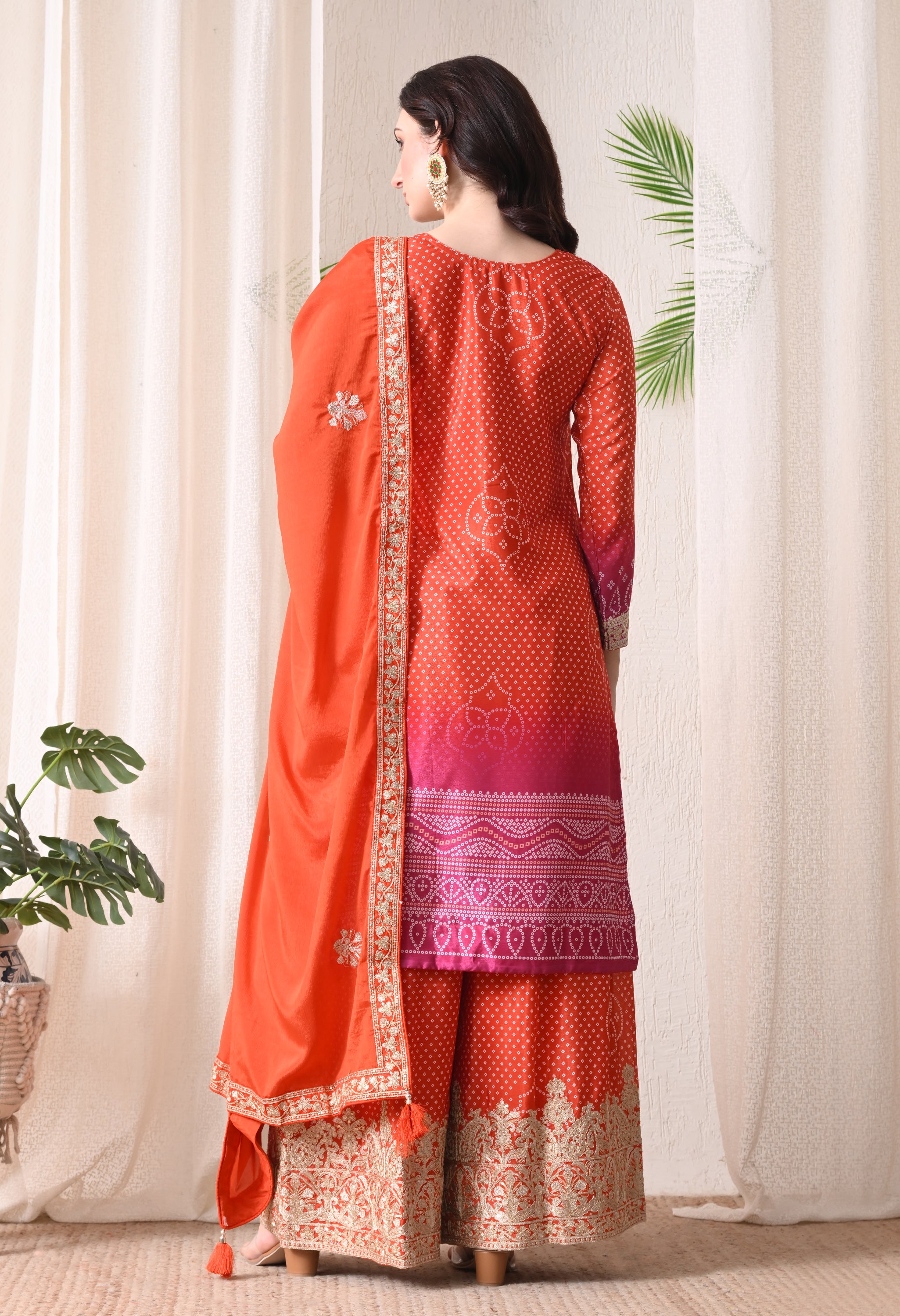 Orange Pink Ombre Chinon Zari Embroidery Sharara Suit- Set of 3