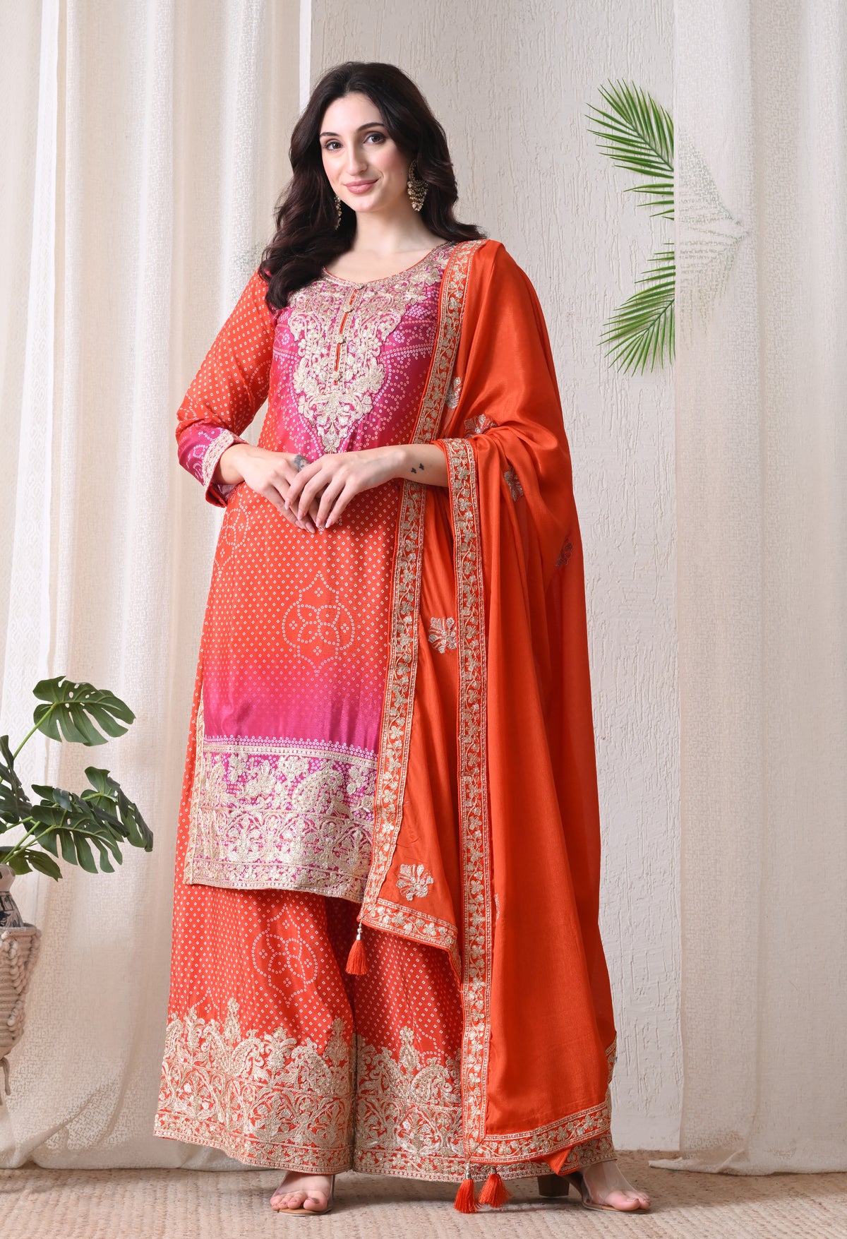 Orange Pink Ombre Chinon Zari Embroidery Sharara Suit- Set of 3