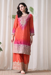 Orange Pink Ombre Chinon Zari Embroidery Sharara Suit- Set of 3