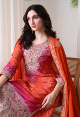 Orange Pink Ombre Chinon Zari Embroidery Sharara Suit- Set of 3
