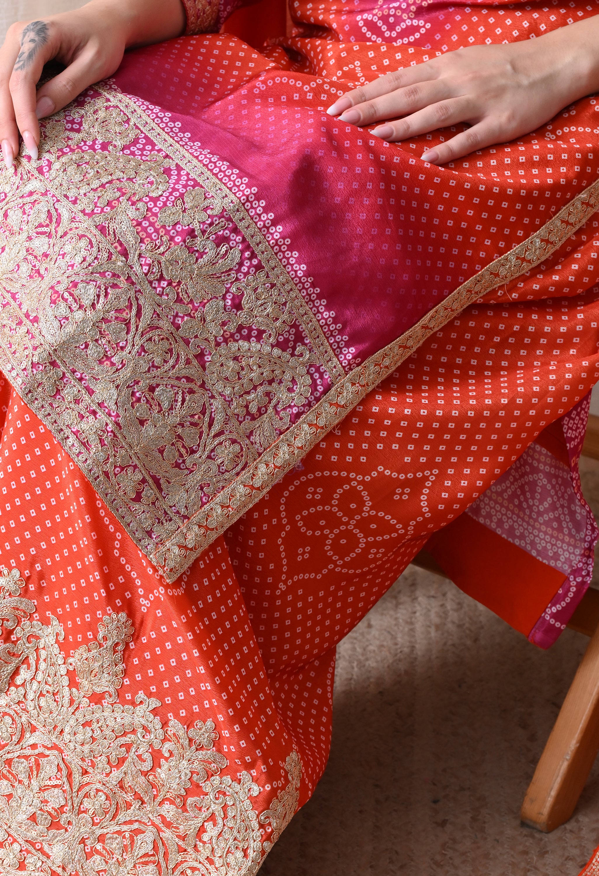 Orange Pink Ombre Chinon Zari Embroidery Sharara Suit- Set of 3