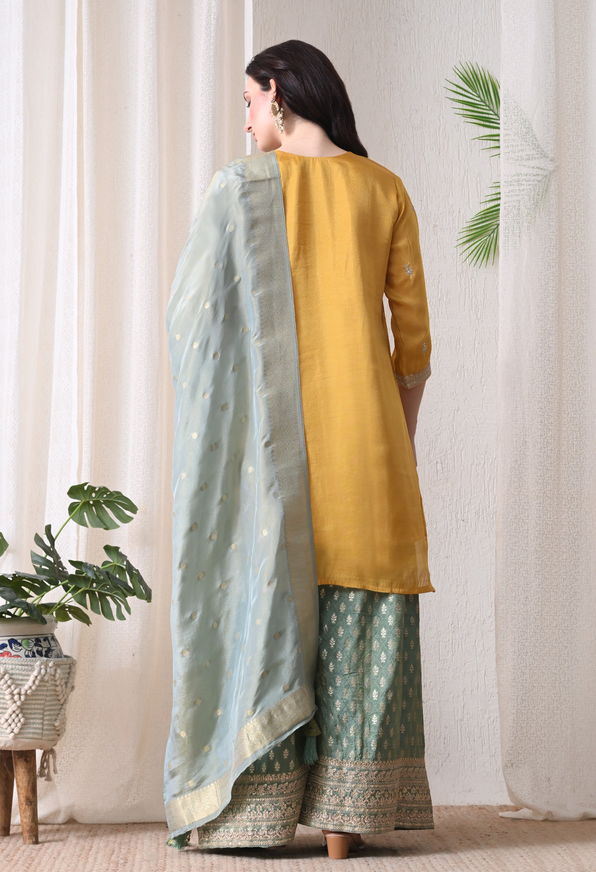 Golden Yellow Zari Embroidered Kurta & Banarasi Sharara Set- Set of 3