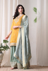 Golden Yellow Zari Embroidered Kurta & Banarasi Sharara Set- Set of 3