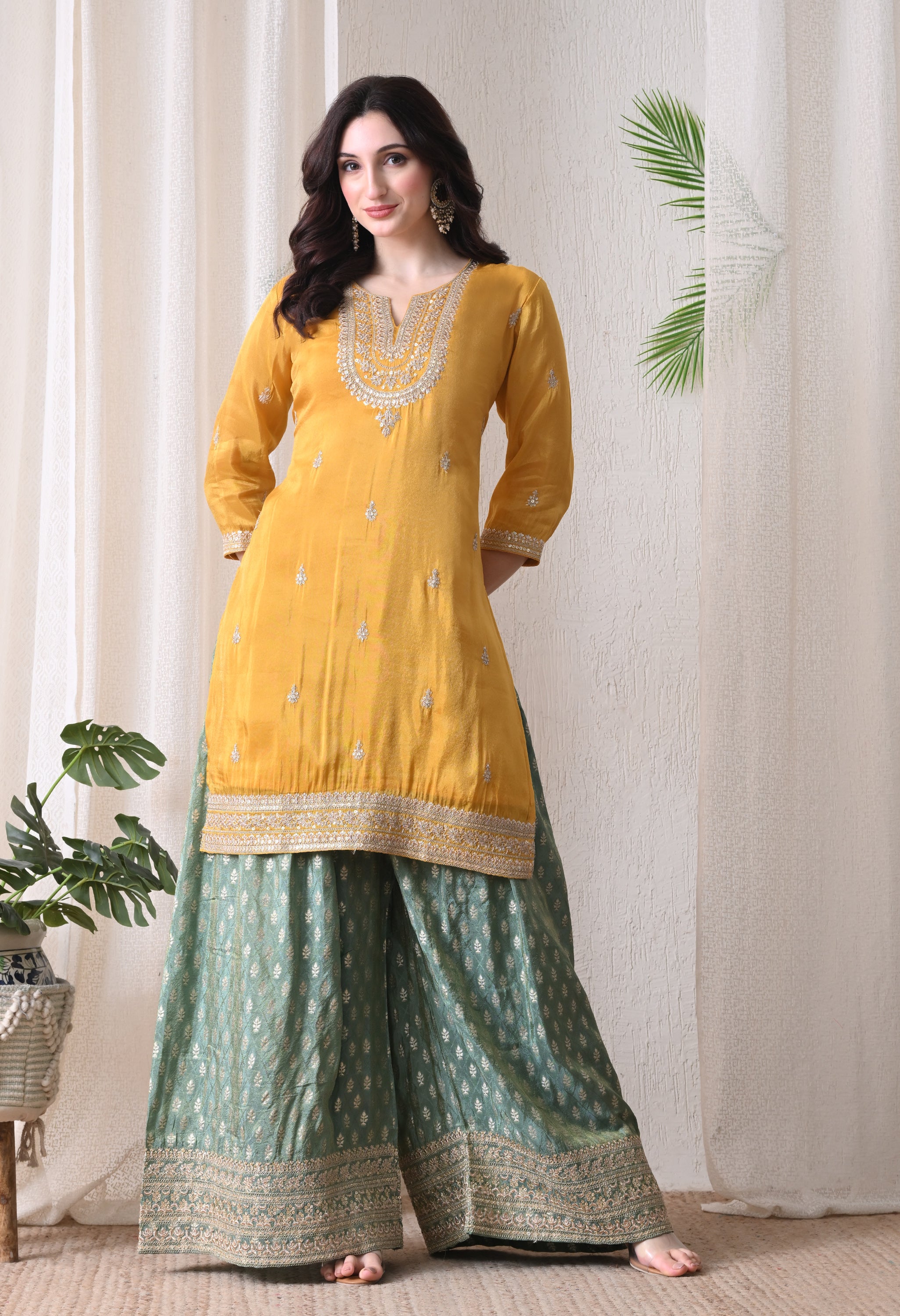Golden Yellow Zari Embroidered Kurta & Banarasi Sharara Set- Set of 3