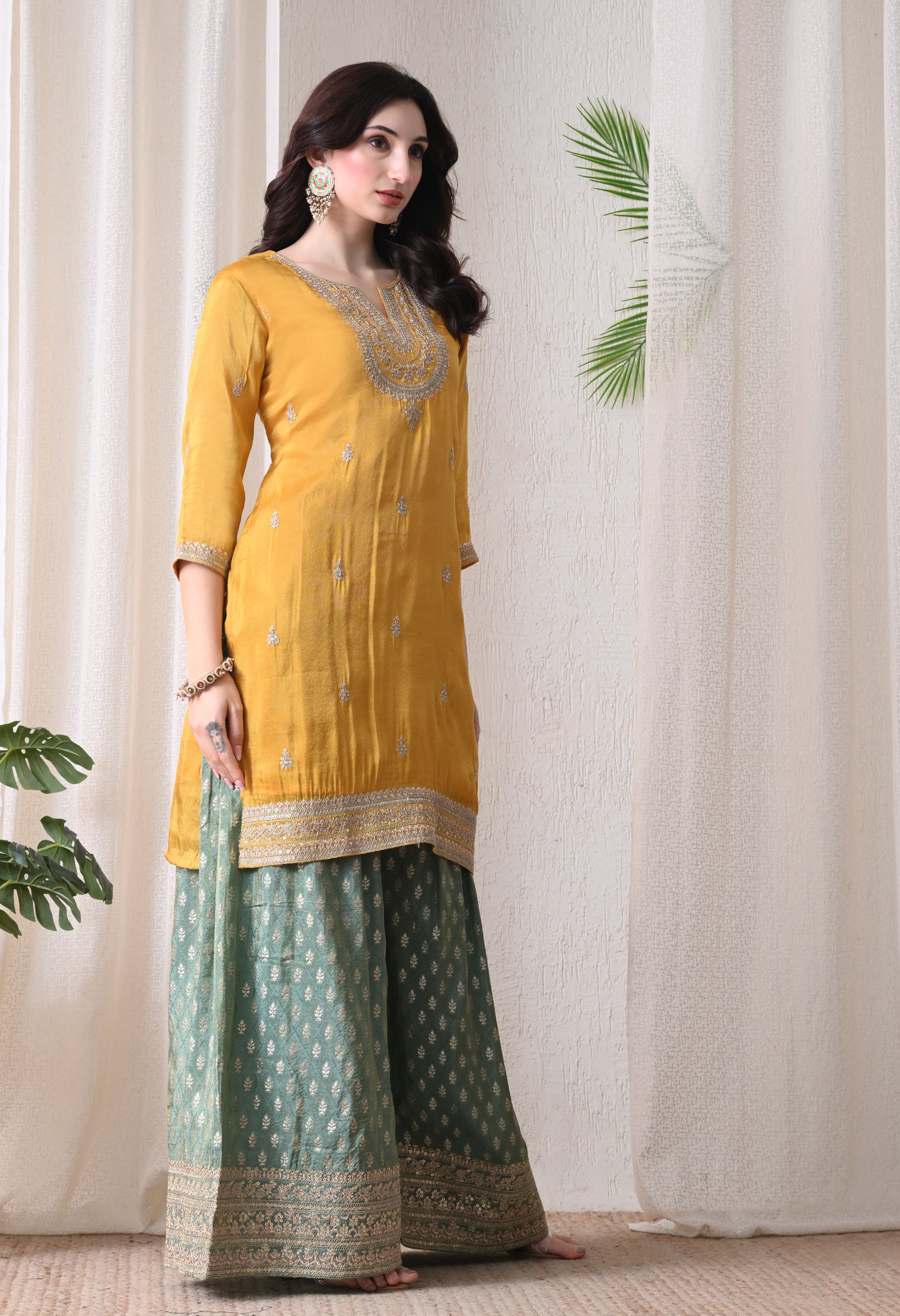 Golden Yellow Zari Embroidered Kurta & Banarasi Sharara Set- Set of 3