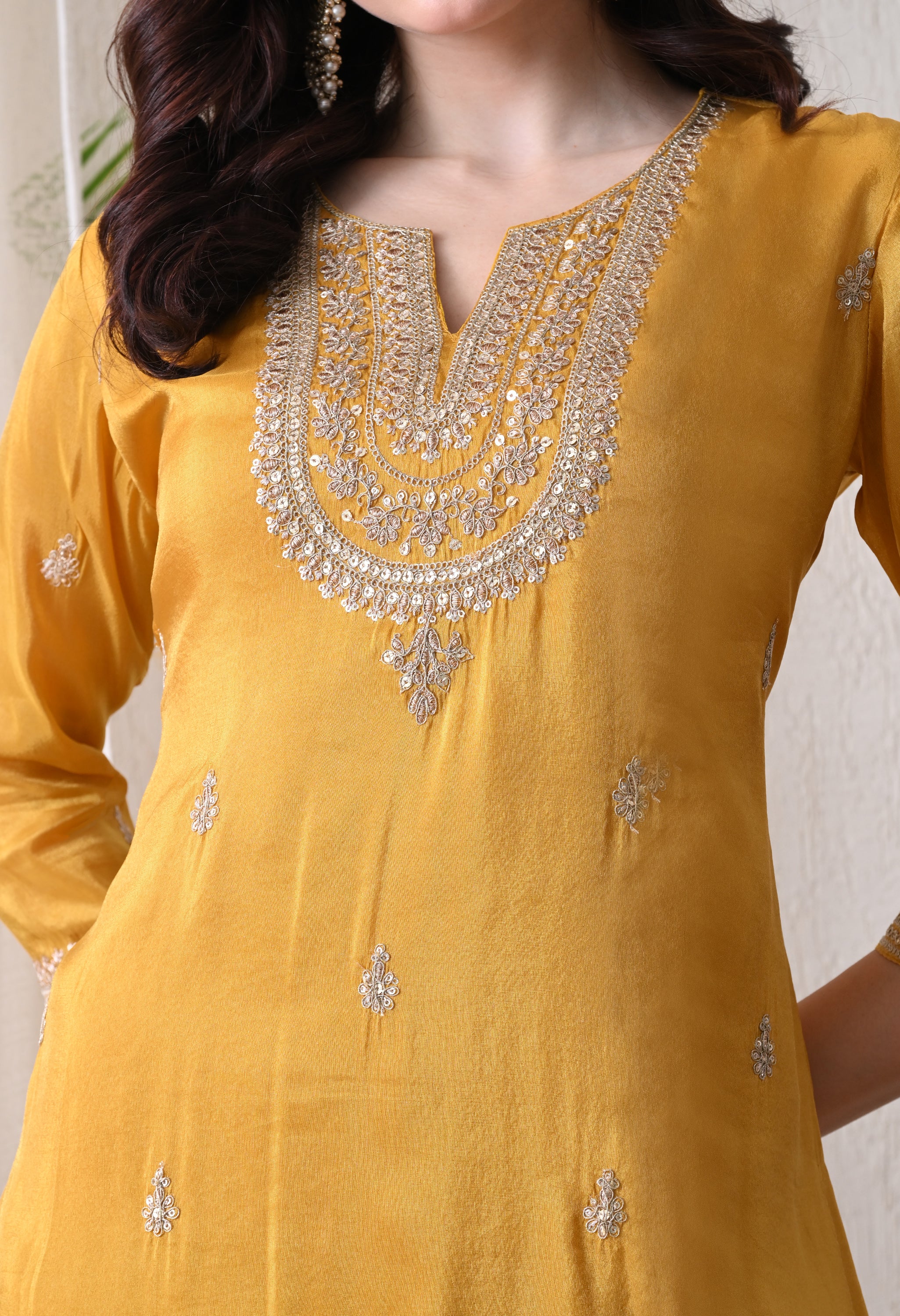 Golden Yellow Zari Embroidered Kurta & Banarasi Sharara Set- Set of 3