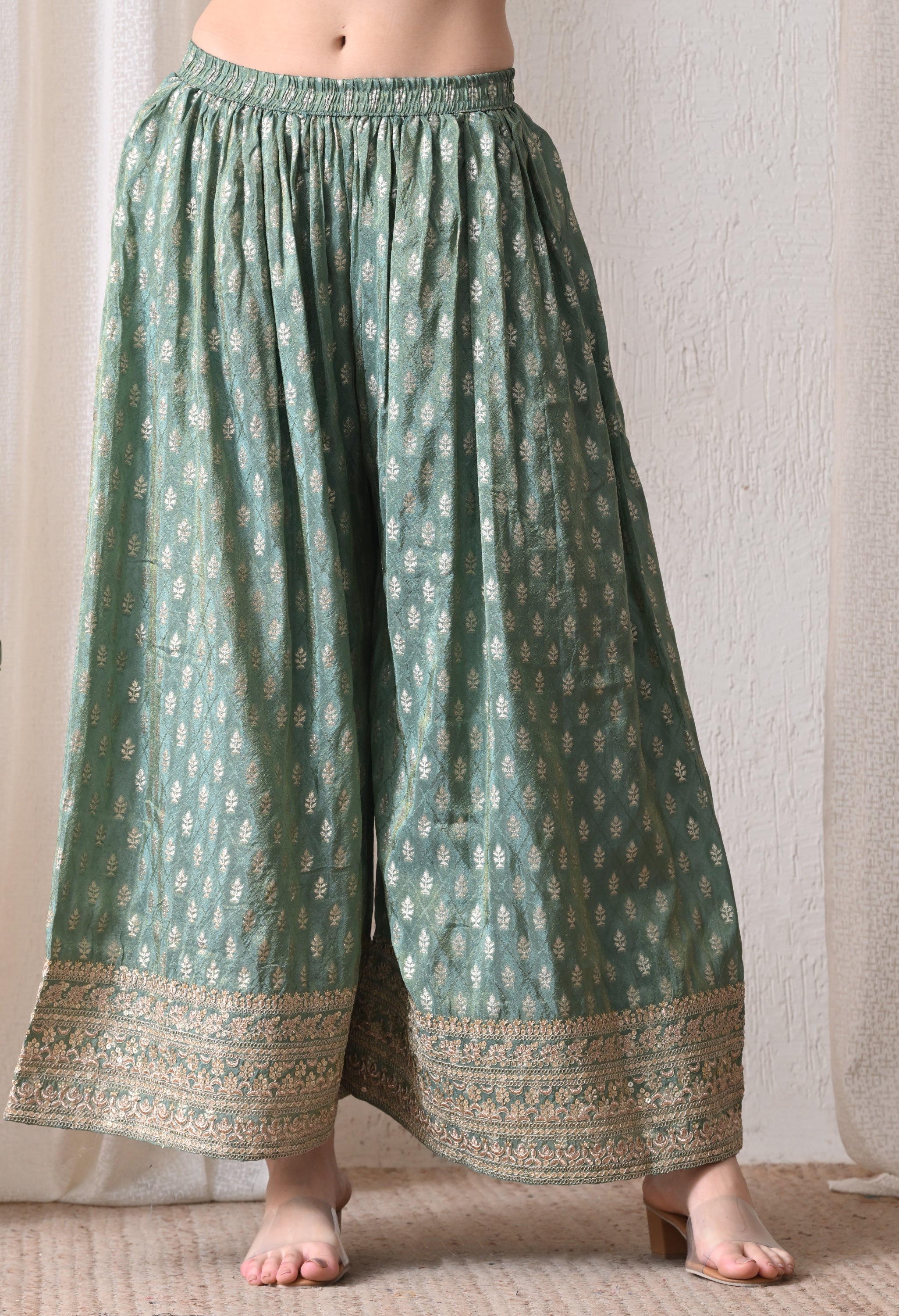 Golden Yellow Zari Embroidered Kurta & Banarasi Sharara Set- Set of 3