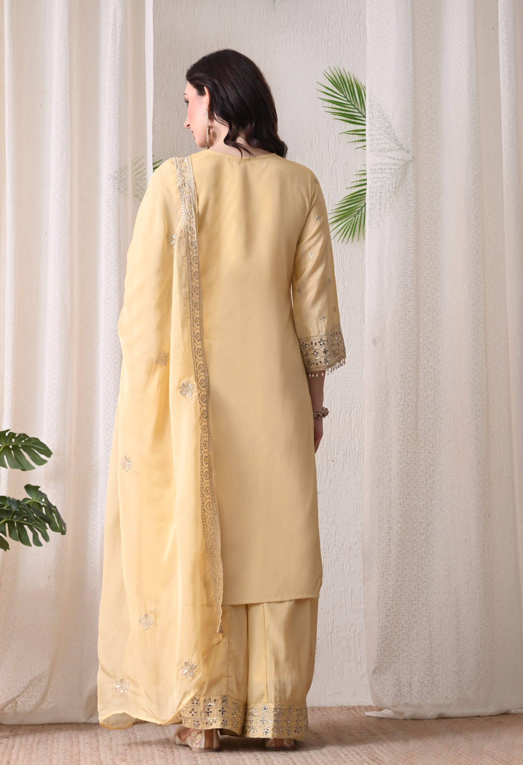 Lemon Chinon Zari Sequin Cut Work Sharara Suit- Set of 3
