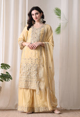 Lemon Chinon Zari Sequin Cut Work Sharara Suit- Set of 3