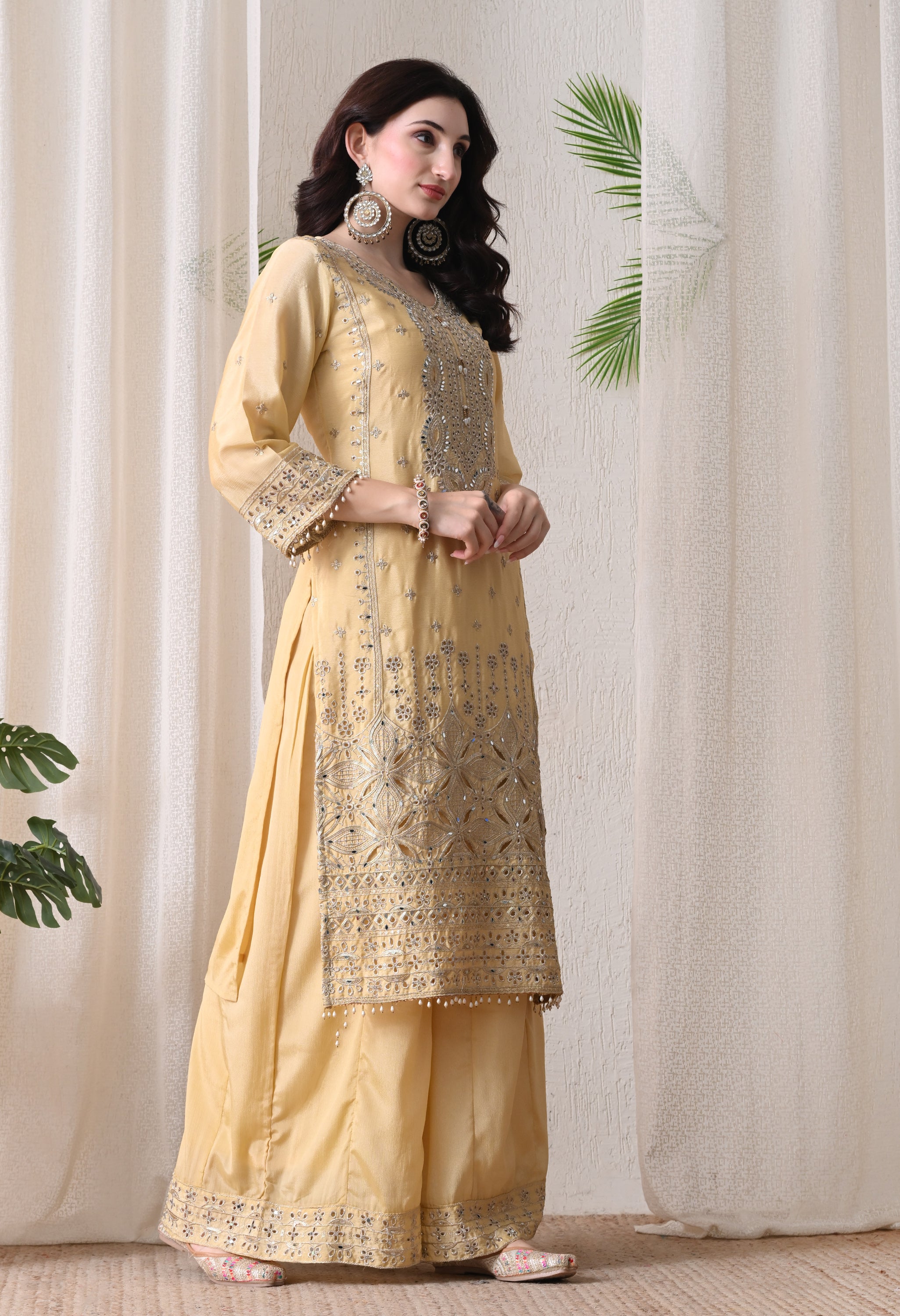 Lemon Chinon Zari Sequin Cut Work Sharara Suit- Set of 3
