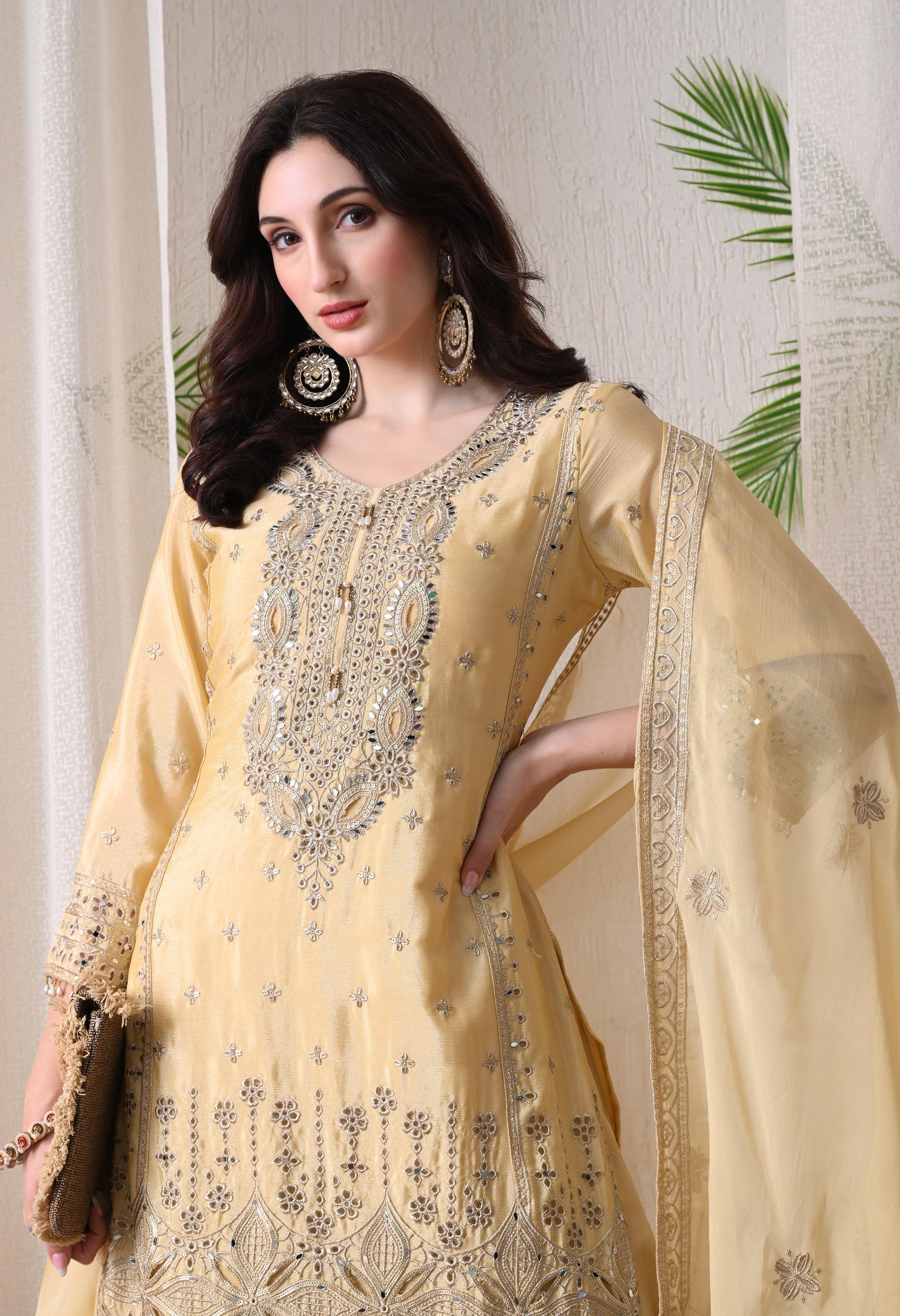 Lemon Chinon Zari Sequin Cut Work Sharara Suit- Set of 3