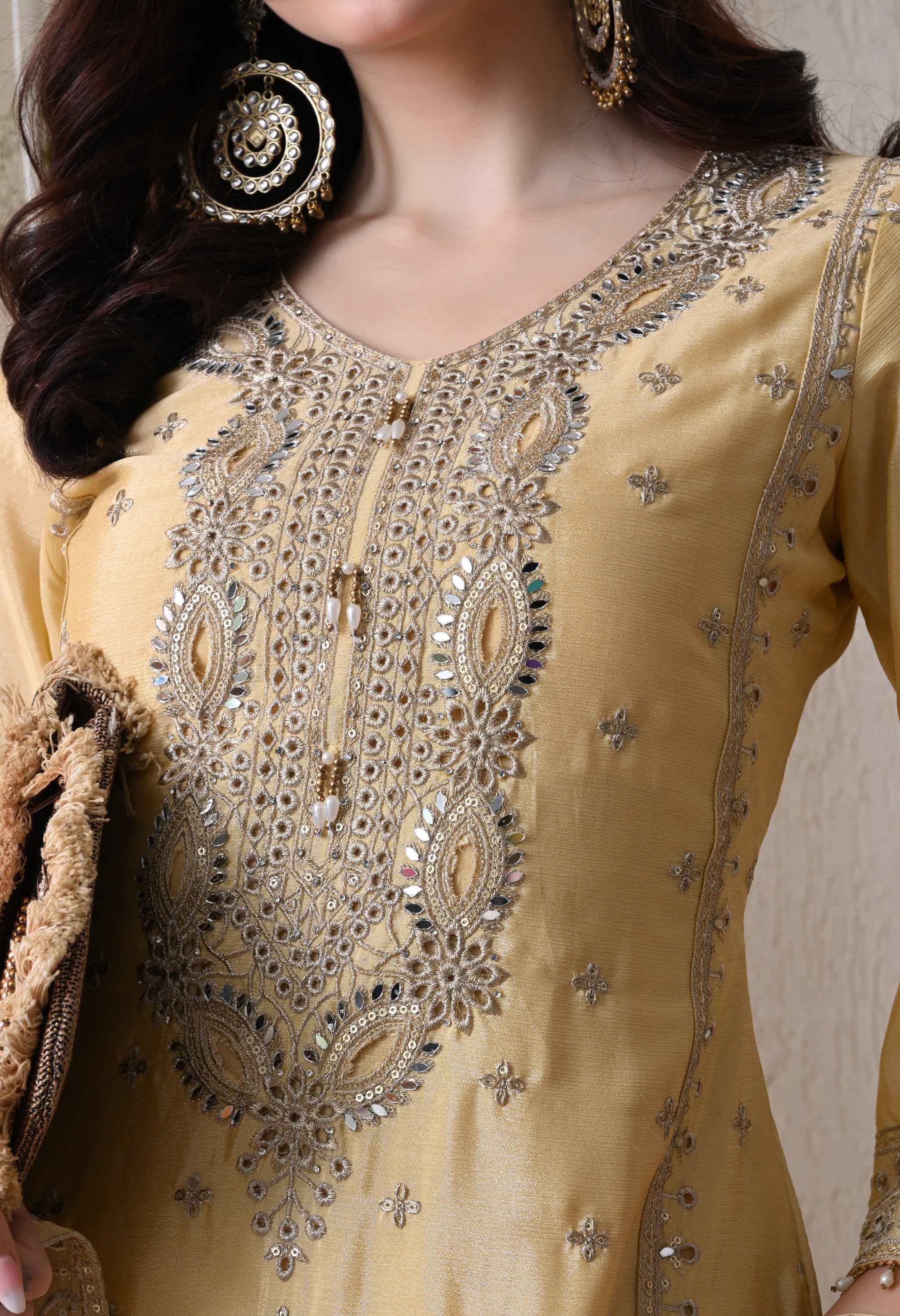 Lemon Chinon Zari Sequin Cut Work Sharara Suit- Set of 3