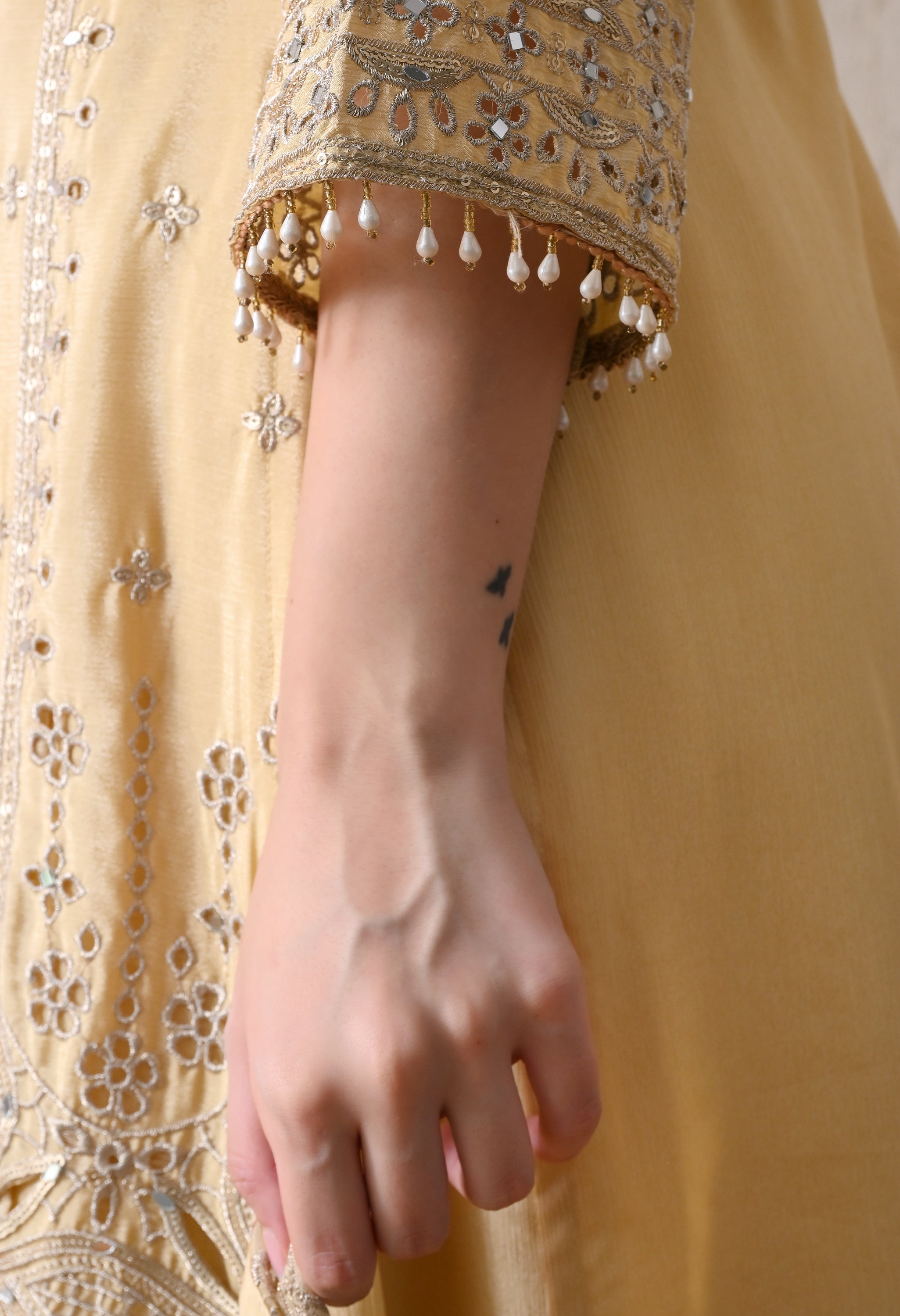 Lemon Chinon Zari Sequin Cut Work Sharara Suit- Set of 3