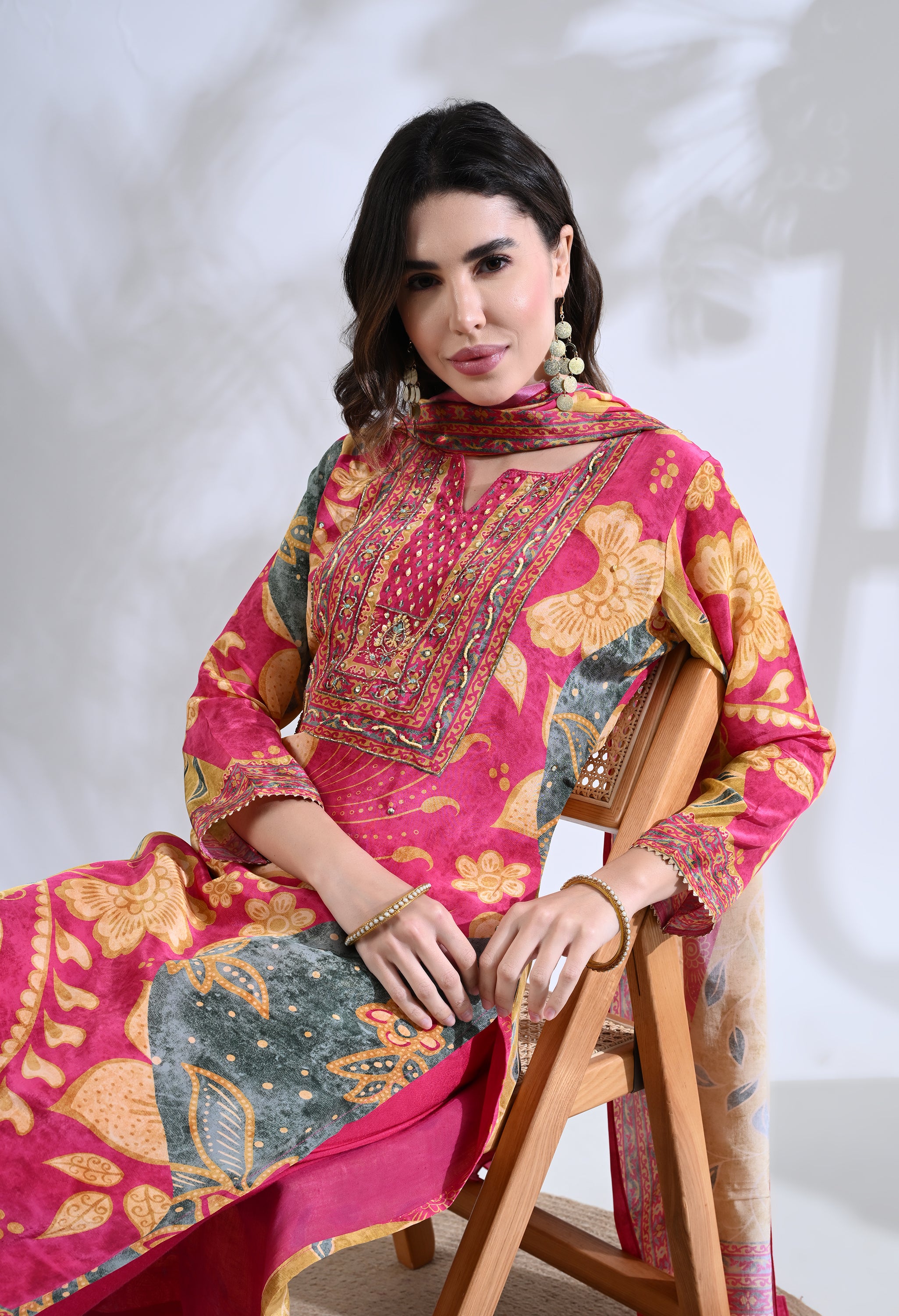 Fuchsia Pink Embroidered Digital Print Muslin Suit - Set of 3
