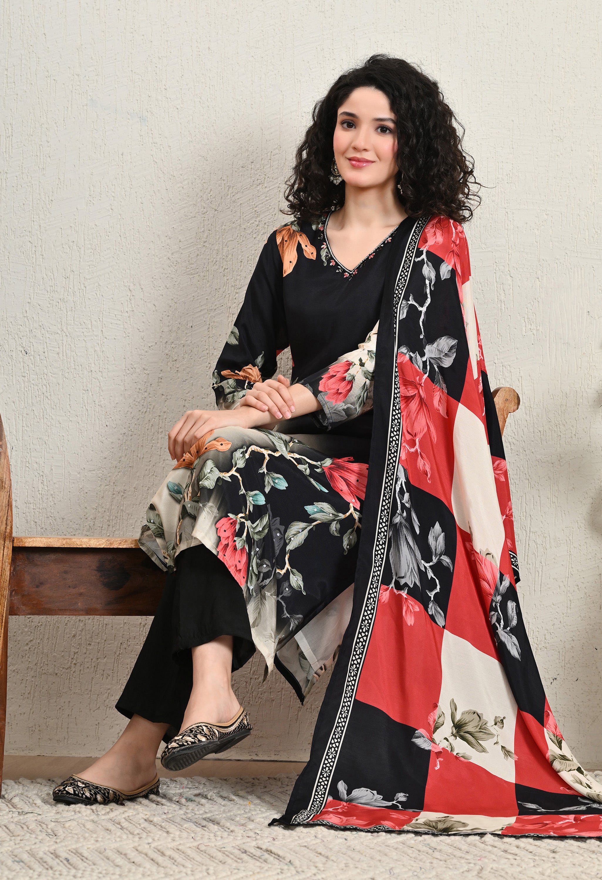 Black Floral Printed Muslin Hand Embroidered suit - Set of 3