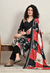 Black Floral Printed Muslin Hand Embroidered suit - Set of 3