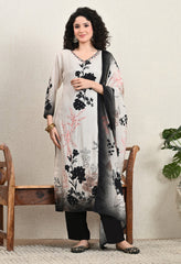 Cream Printed Muslin Sequins Embroidered suit - Set of 3