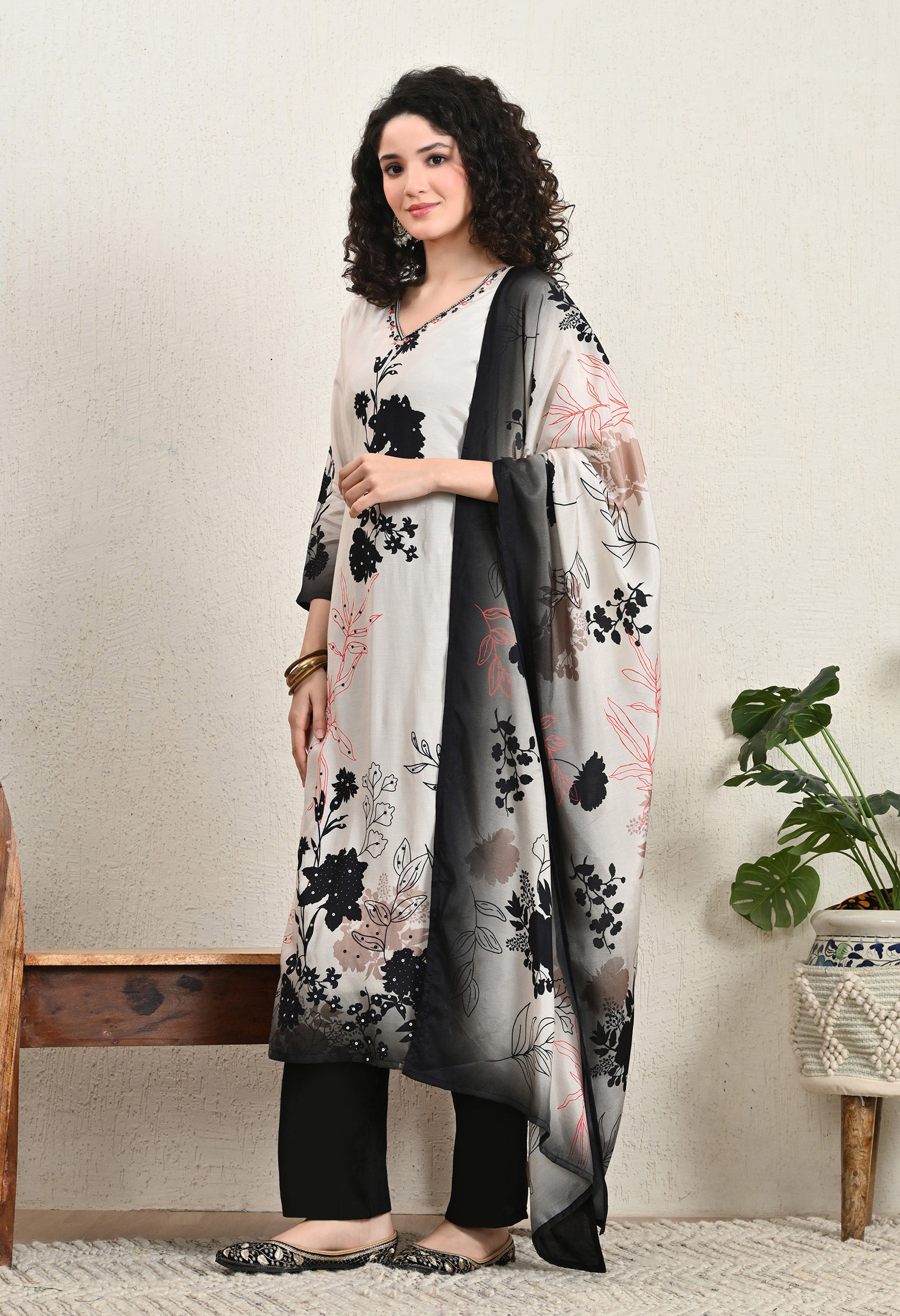 Cream Printed Muslin Sequins Embroidered suit - Set of 3