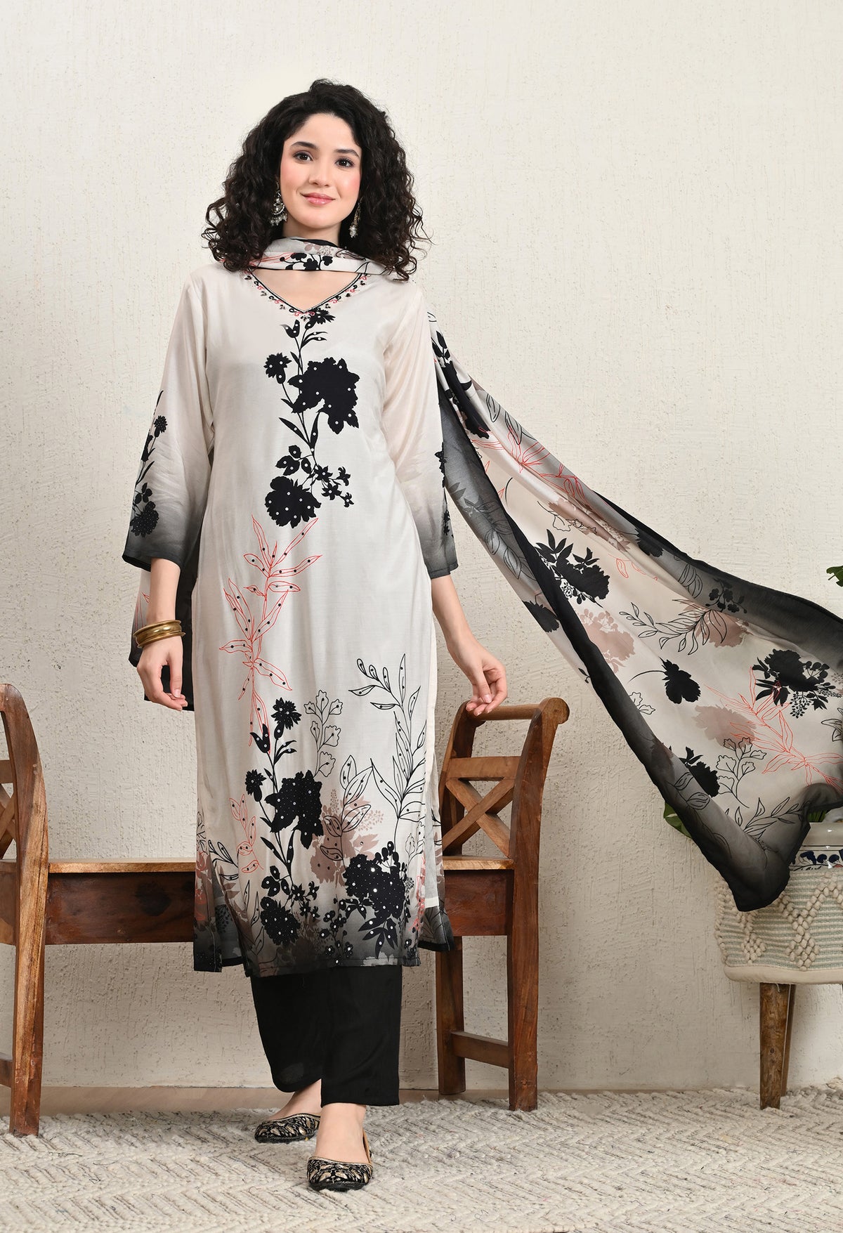 Cream Printed Muslin Sequins Embroidered suit - Set of 3