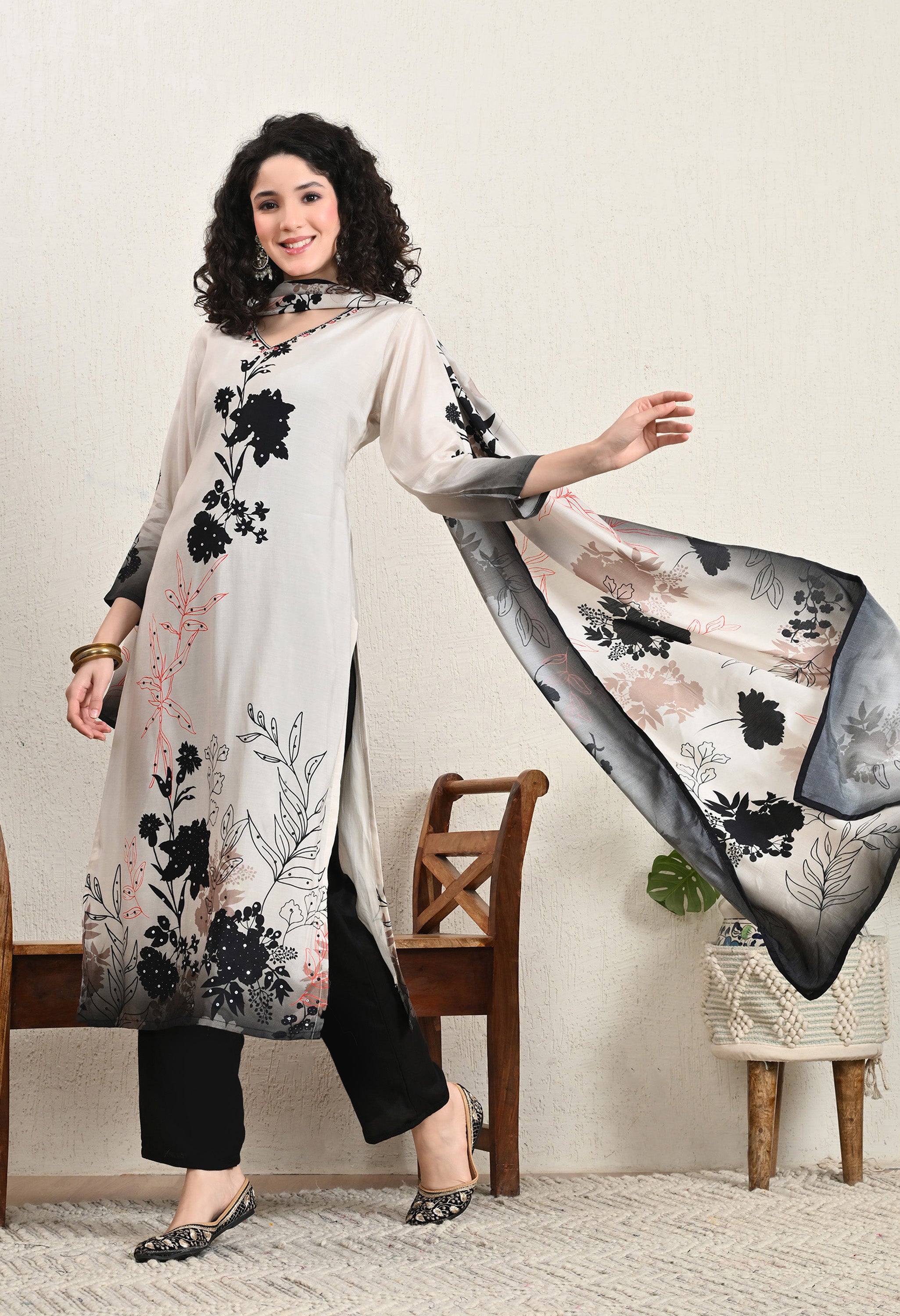 Cream Printed Muslin Sequins Embroidered suit - Set of 3