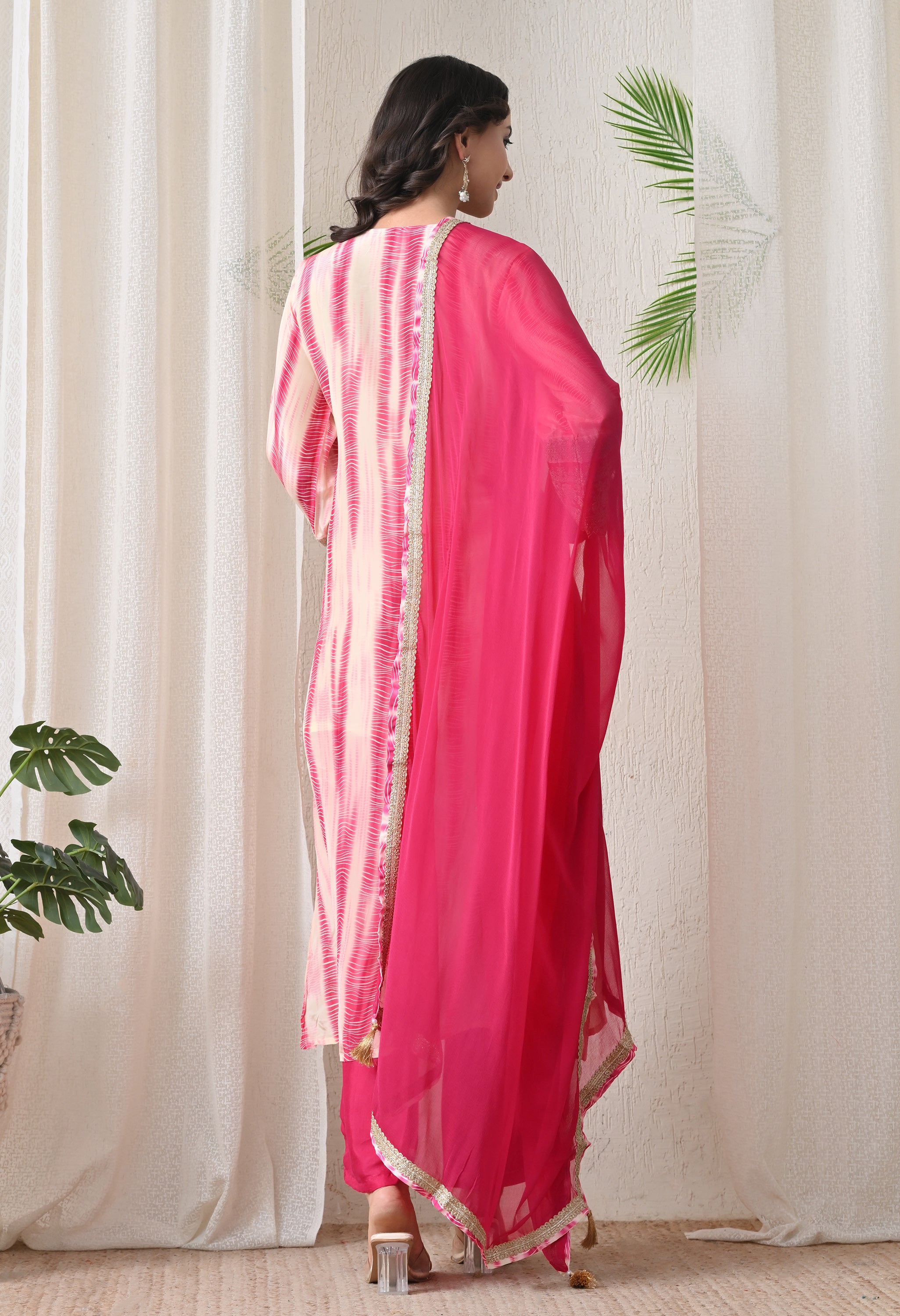 Cream Pink Crepe Zari Work A-Line Suit- Set of 3