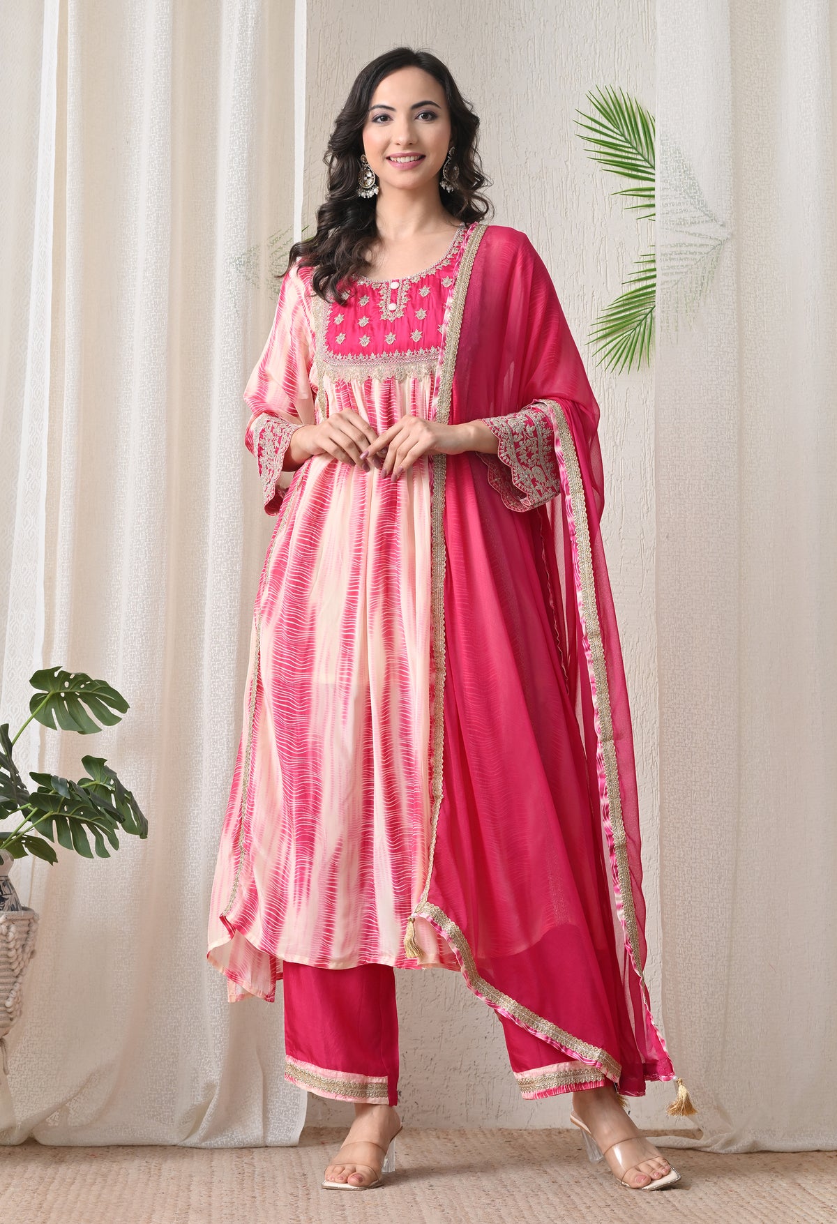 Cream Pink Crepe Zari Work A-Line Suit- Set of 3