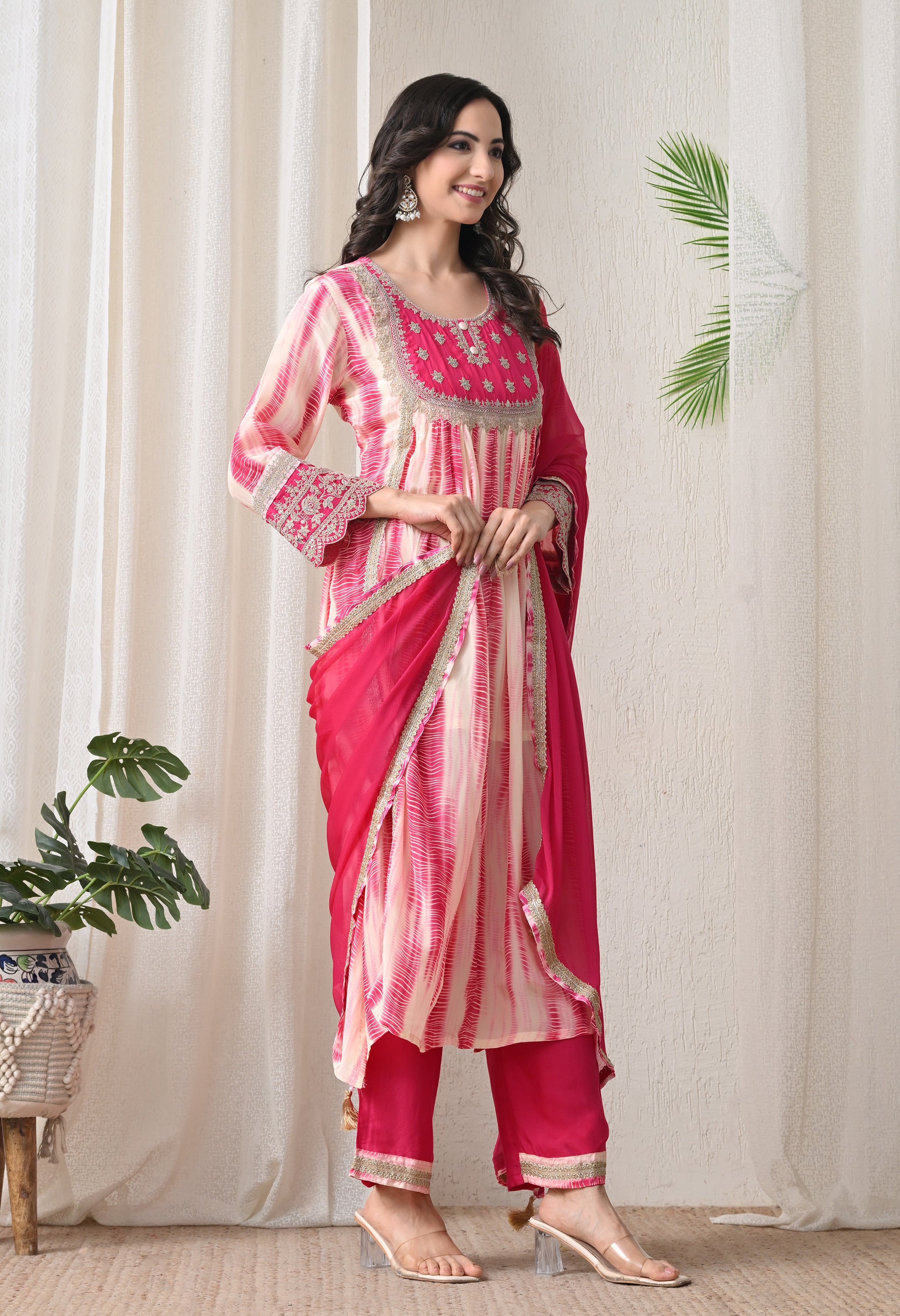 Cream Pink Crepe Zari Work A-Line Suit- Set of 3