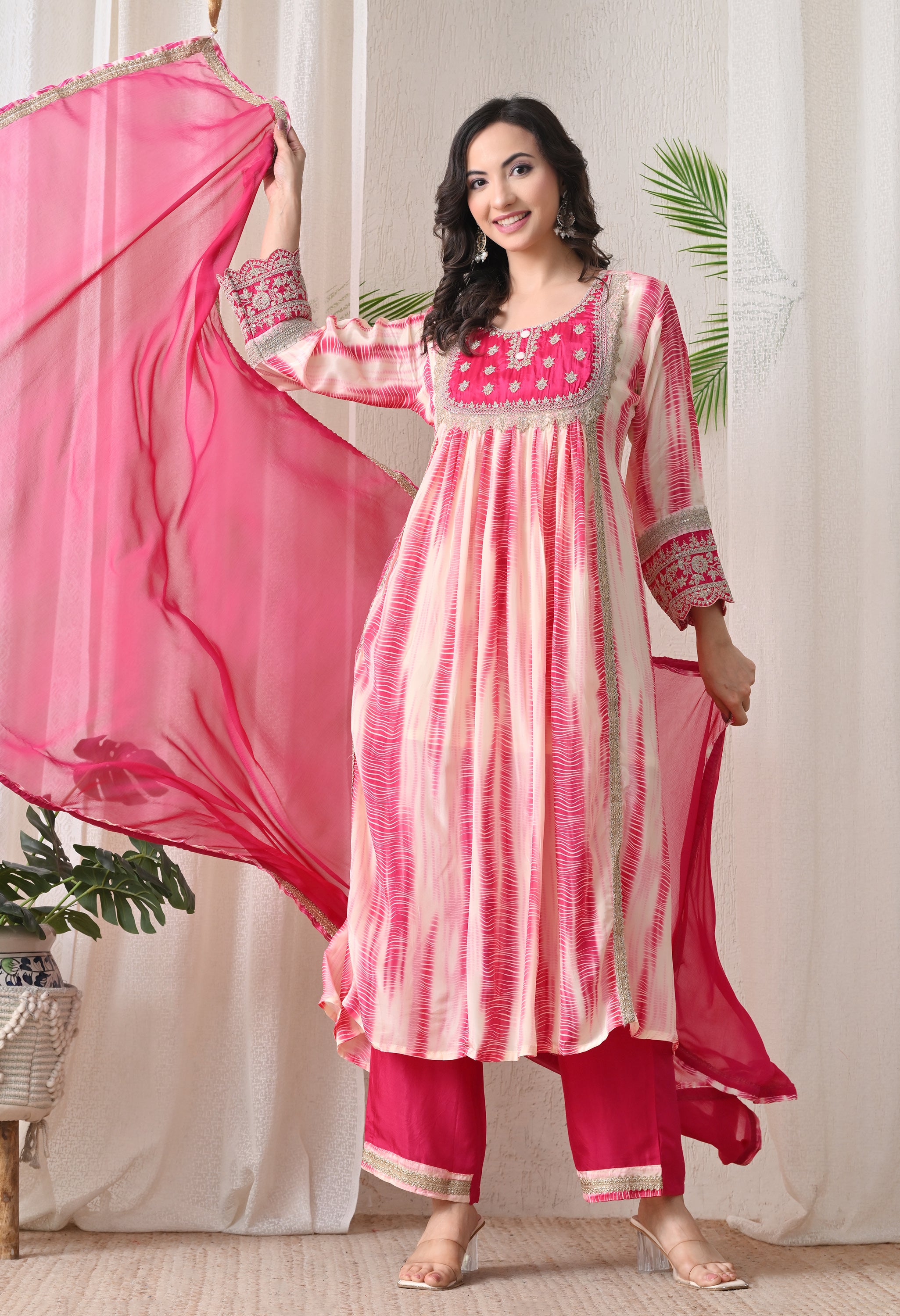 Cream Pink Crepe Zari Work A-Line Suit- Set of 3