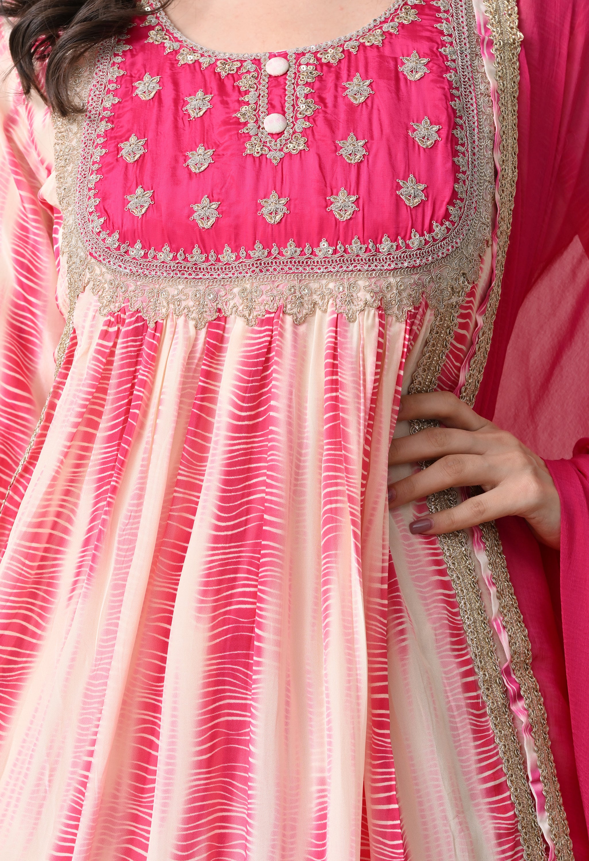 Cream Pink Crepe Zari Work A-Line Suit- Set of 3