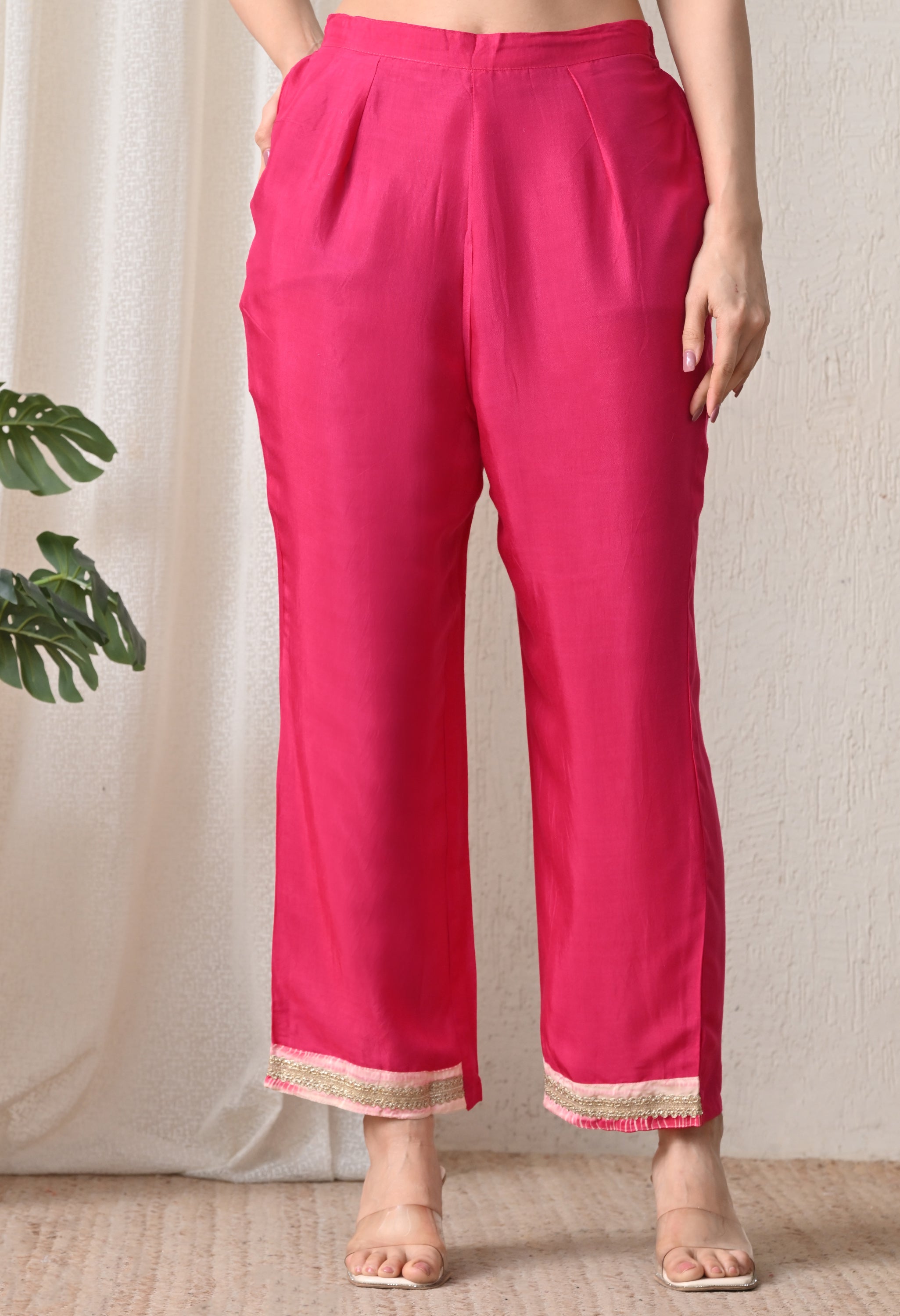 Cream Pink Crepe Zari Work A-Line Suit- Set of 3